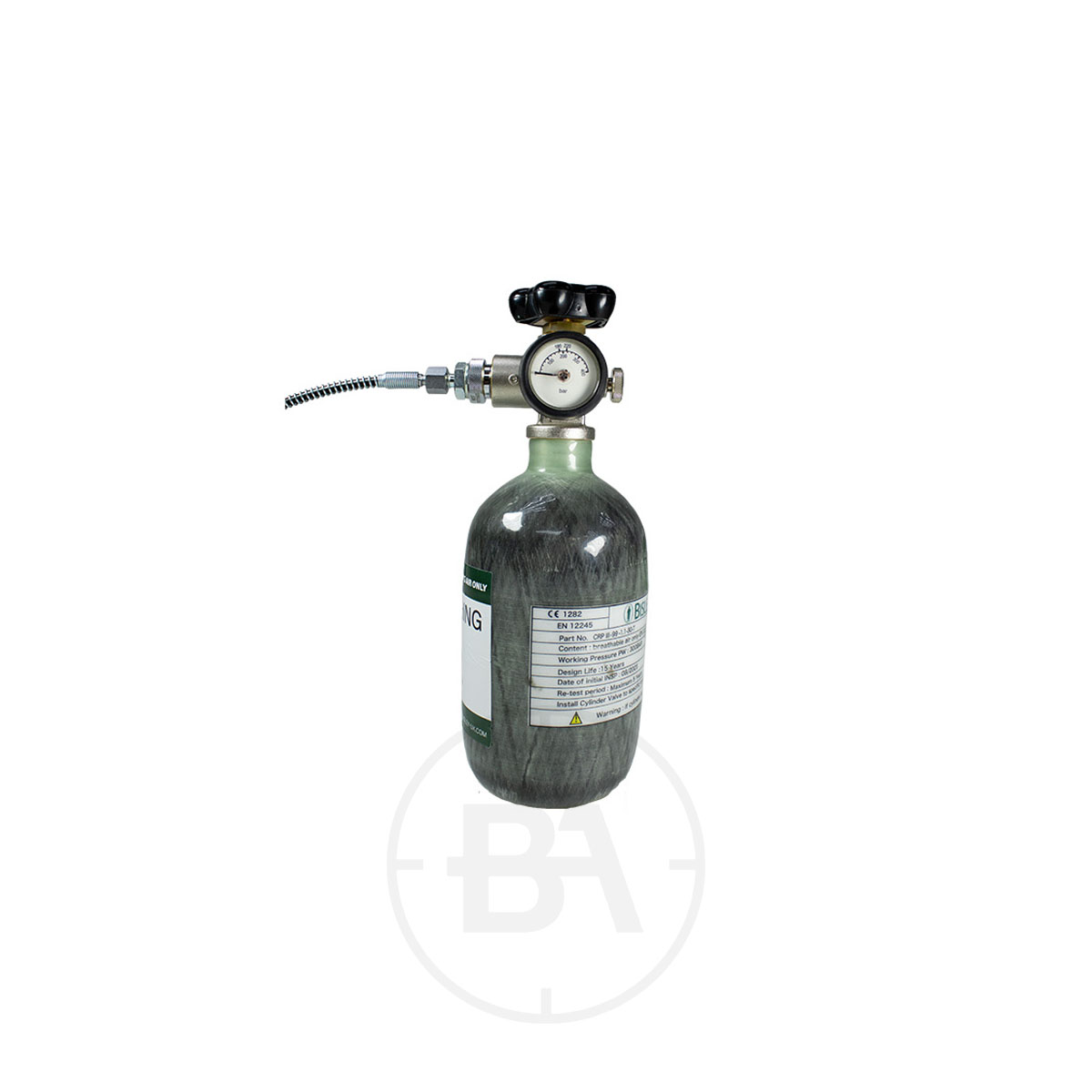 Bisley Lite 1.1 Litre Carbon Fibre Air Cylinder 1 The Bisley Lite 1.1 Litre Carbon Fibre Air Cylinder is a compact compressed gas cylinder featuring a pressure gauge, regulator, attached hose, and a safety information label on the tank.