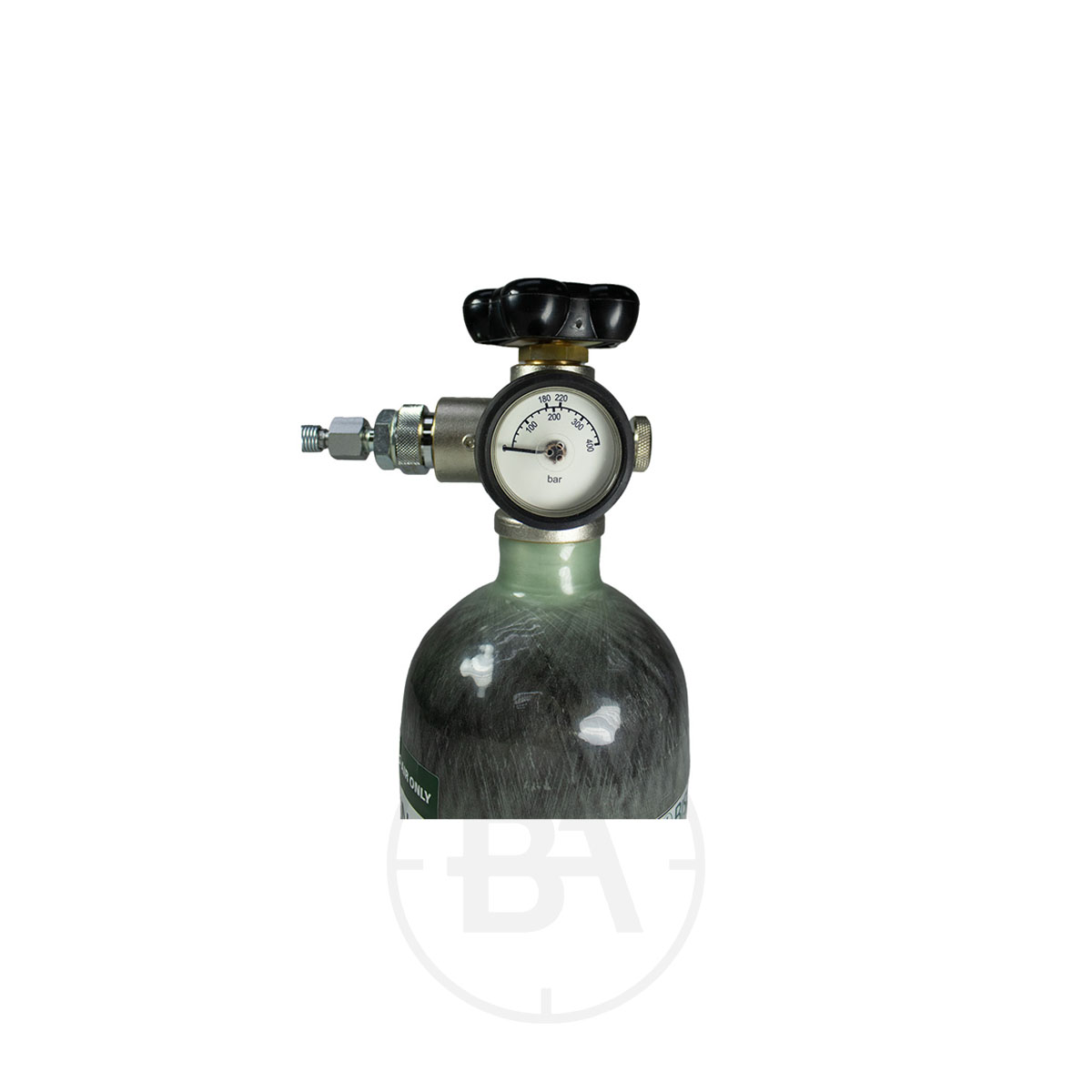 Bisley Lite 1.1 Litre Carbon Fibre Air Cylinder 2 The Bisley Lite 1.1 Litre Carbon Fibre Air Cylinder features a metallic greenish body, a top-mounted pressure gauge and valve, and displays pressure in bar units for easy monitoring.