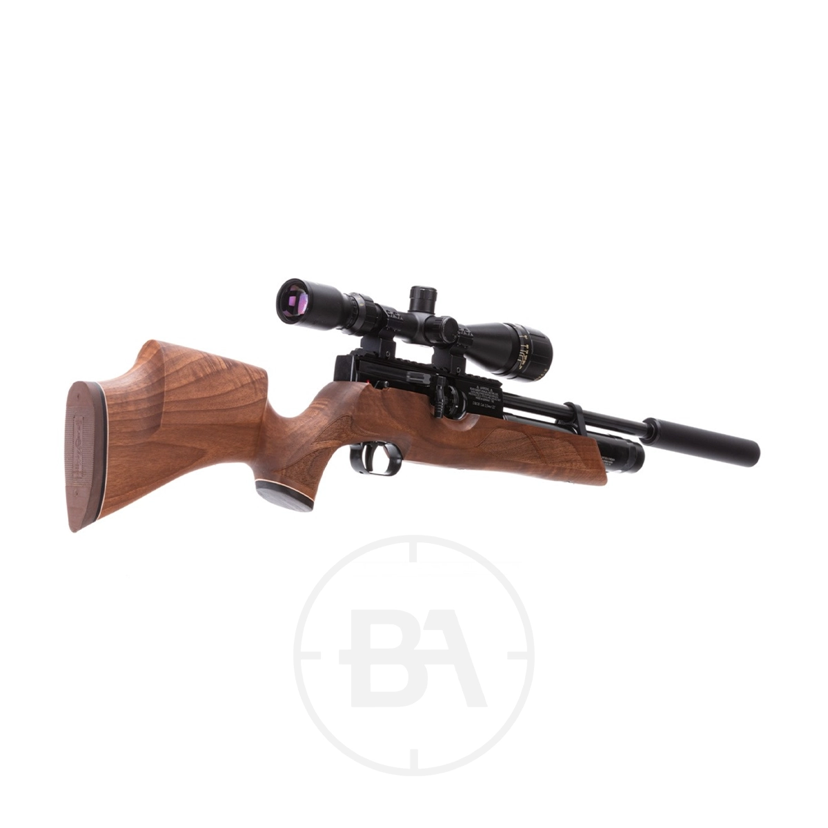 Weihrauch HW100 KS PCP Air Rifle 3 A Weihrauch HW100 S / HW100 KS PCP Air Rifle from the series, fitted with a wooden stock, scope, and silencer, is shown against a white background.
