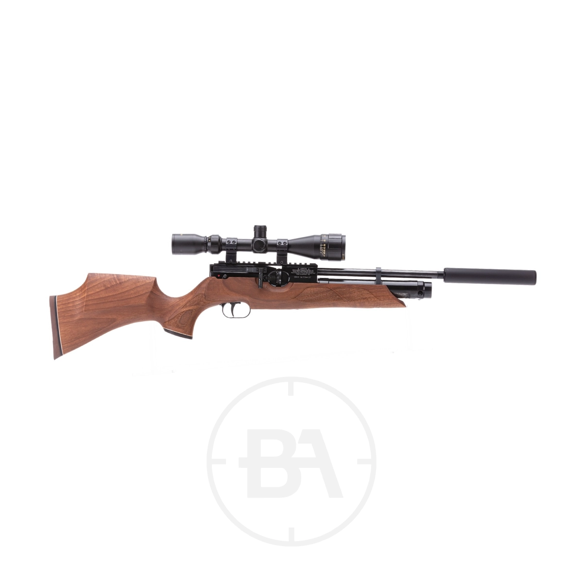 Weihrauch HW100 KS PCP Air Rifle 1 A Weihrauch HW100 S / HW100 KS PCP Air Rifle Series with a wooden stock, mounted scope, and black silencer is displayed on a white background.