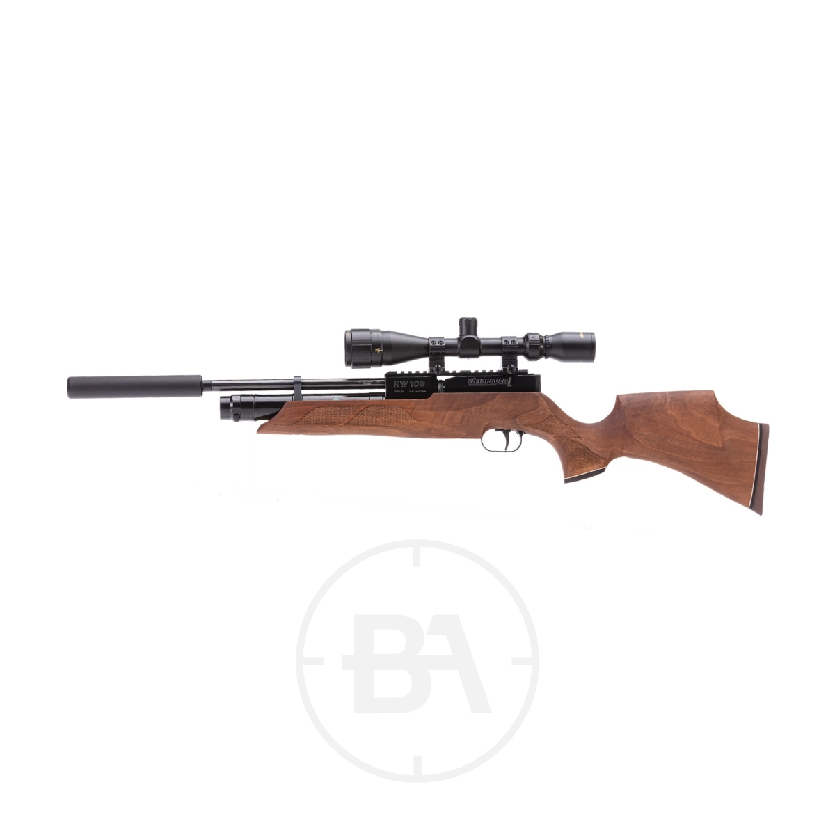 Weihrauch HW100 KS PCP Air Rifle 5 A side view of a Weihrauch HW100 S / HW100 KS PCP Air Rifle Series with mounted scope and silencer, displayed on a white background.