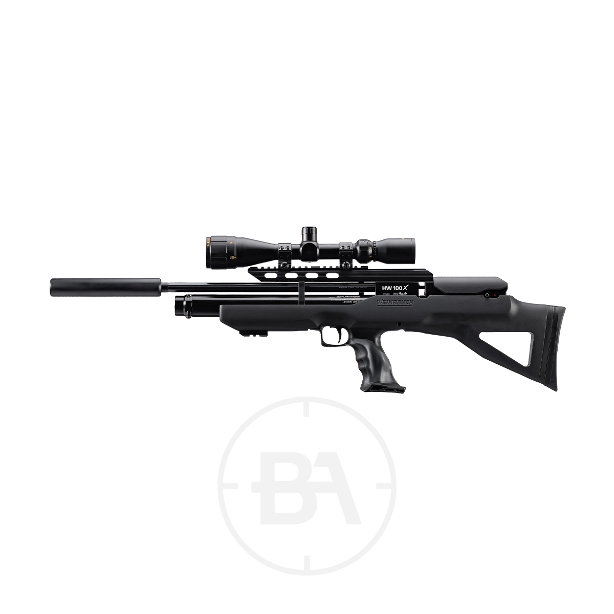 Weihrauch HW100X Bullpup Regulated PCP Air Rifle Series 2 A Weihrauch HW100X Bullpup Regulated PCP Air Rifle from the series is shown with a mounted scope, silencer, and black synthetic thumbhole stock featuring an ergonomic grip, displayed against a white background.