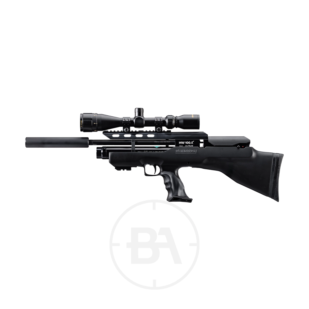 Weihrauch HW100X Bullpup Regulated PCP Air Rifle Series 3 The Weihrauch HW100X Bullpup Regulated PCP Air Rifle Series is shown in side profile, featuring a black finish, mounted scope, short barrel, textured grip, and adjustable stock for improved handling and precision against a white background.