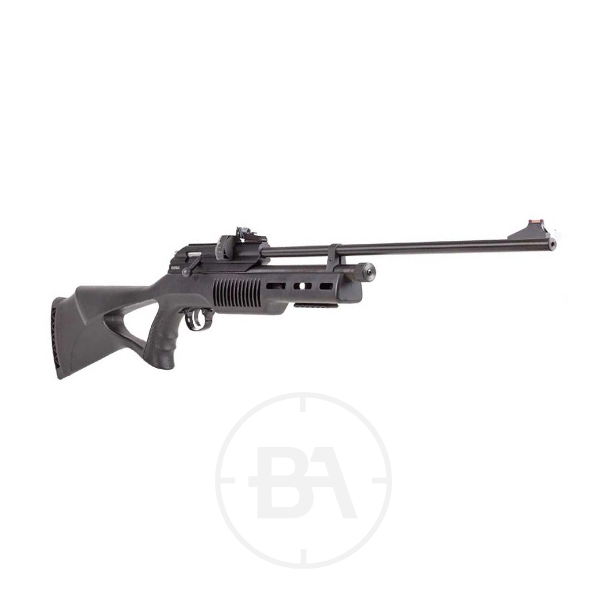 Beeman 1085 Multishot C02 Air Rifle 3 The Beeman 1085 Multishot CO2 Air Rifle with a synthetic stock, pistol grip, and extended barrel is shown against a plain white background.