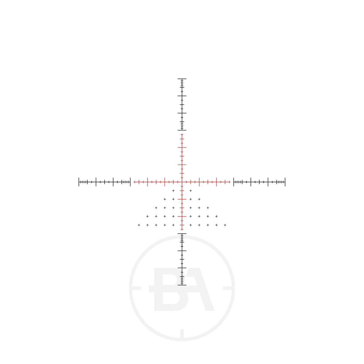 Hawke Sidewinder 30 SFP 4.5-14x44 10x Half Mil Rifle Scope 2 The Hawke Sidewinder 30 SFP 4.5-14x44 10x Half Mil Rifle Scope's reticle has black and red markings, horizontal/vertical lines, a grid of dots below centre, and faint “BA” letters in a circle at the bottom on a white background.