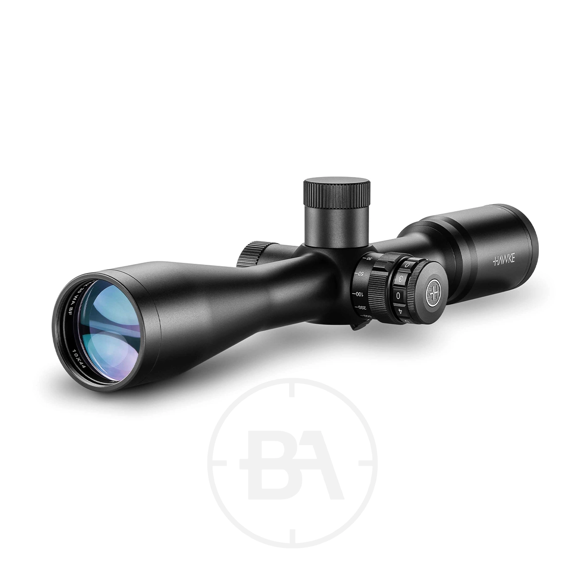 Hawke Airmax 30 WA SF 10x44 AMX IR Rifle Scope 1 A Hawke Airmax 30 WA SF 10x44 AMX IR Rifle Scope in black, featuring adjustment knobs and a large 10x44 lens with a blue reflection. The scope is angled to show both ends, with a subtle "BA" logo beneath.