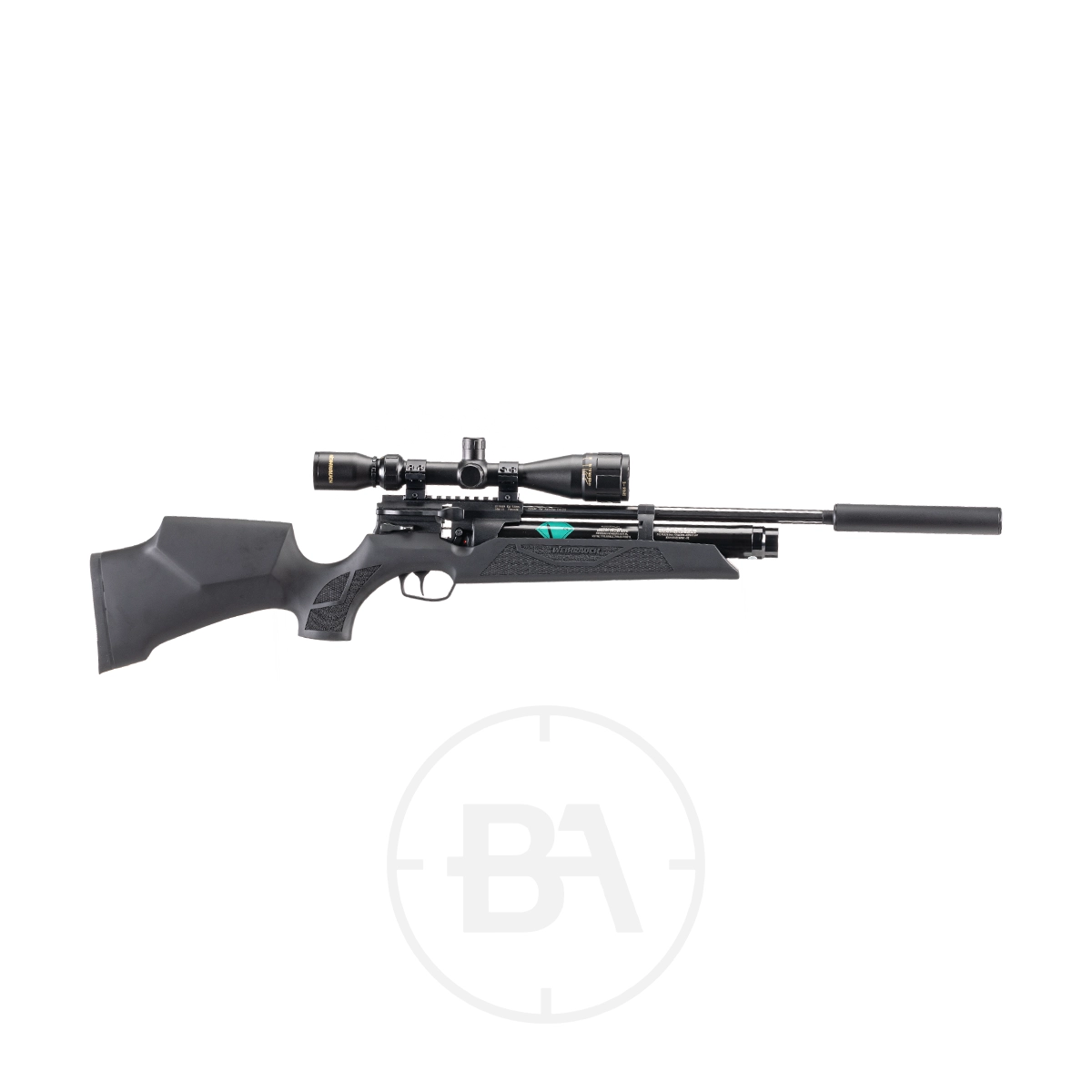 Weihrauch HW110 PCP Air Rifle 1 A black Weihrauch HW110 PCP Air Rifle in .177 calibre, featuring a bolt-action system with a mounted scope and silencer, is displayed on a white background.