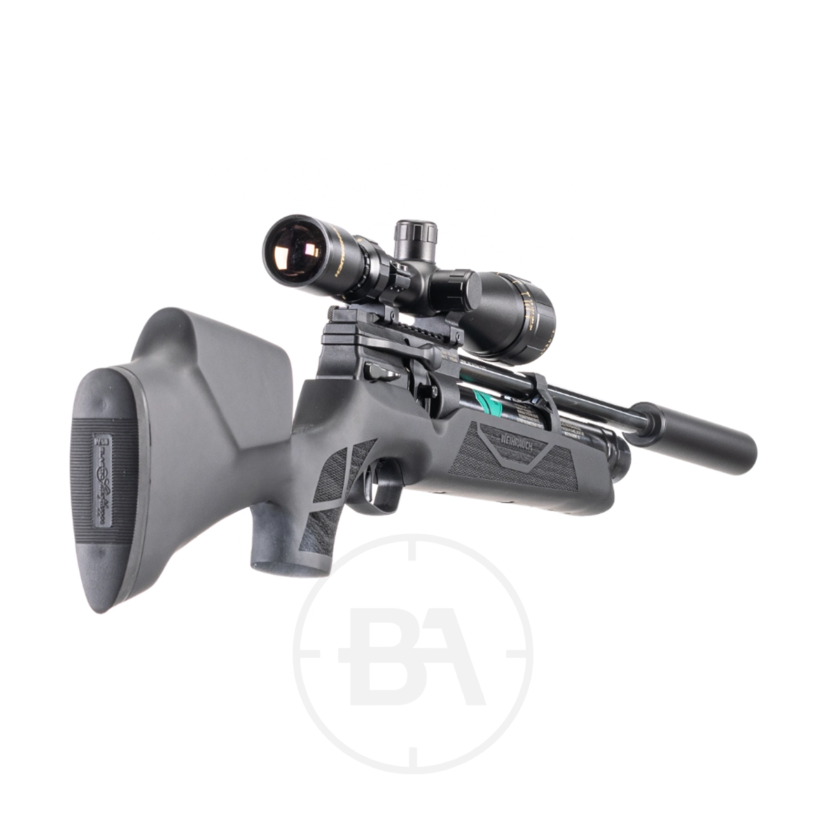 Weihrauch HW110 PCP Air Rifle 5 A black Weihrauch HW110 PCP Air Rifle with a synthetic stock, mounted scope, and silencer is shown angled from the rear, displaying its textured grip and shoulder pad. This .177 model stands out against a white background.