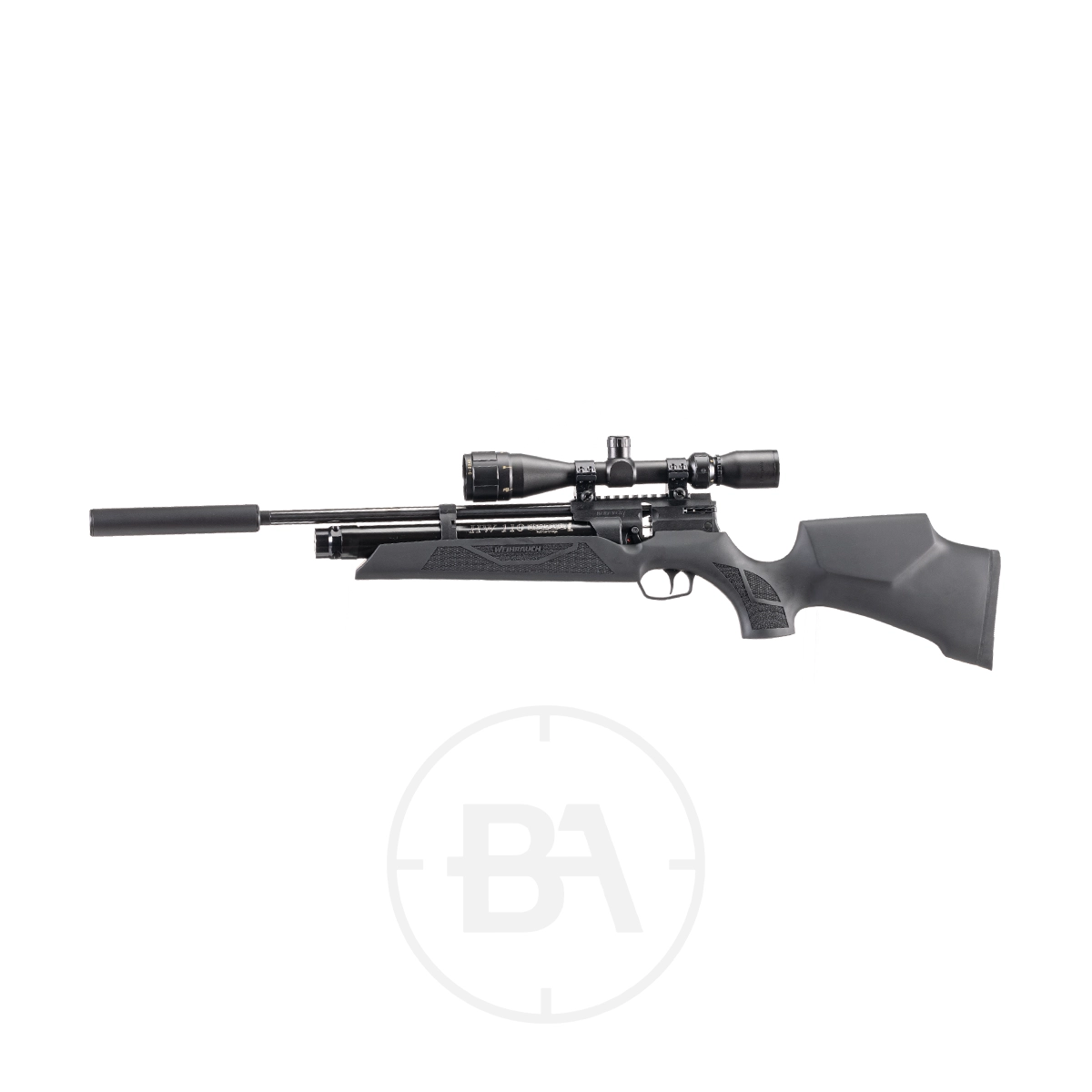 Weihrauch HW110 PCP Air Rifle 3 A black PCP air rifle with a scope and silencer attachment, shown in full profile on a white background. The rifle features a modern, tactical design with textured grip and adjustable stock, modelled after the Weihrauch HW110 in .177 calibre.