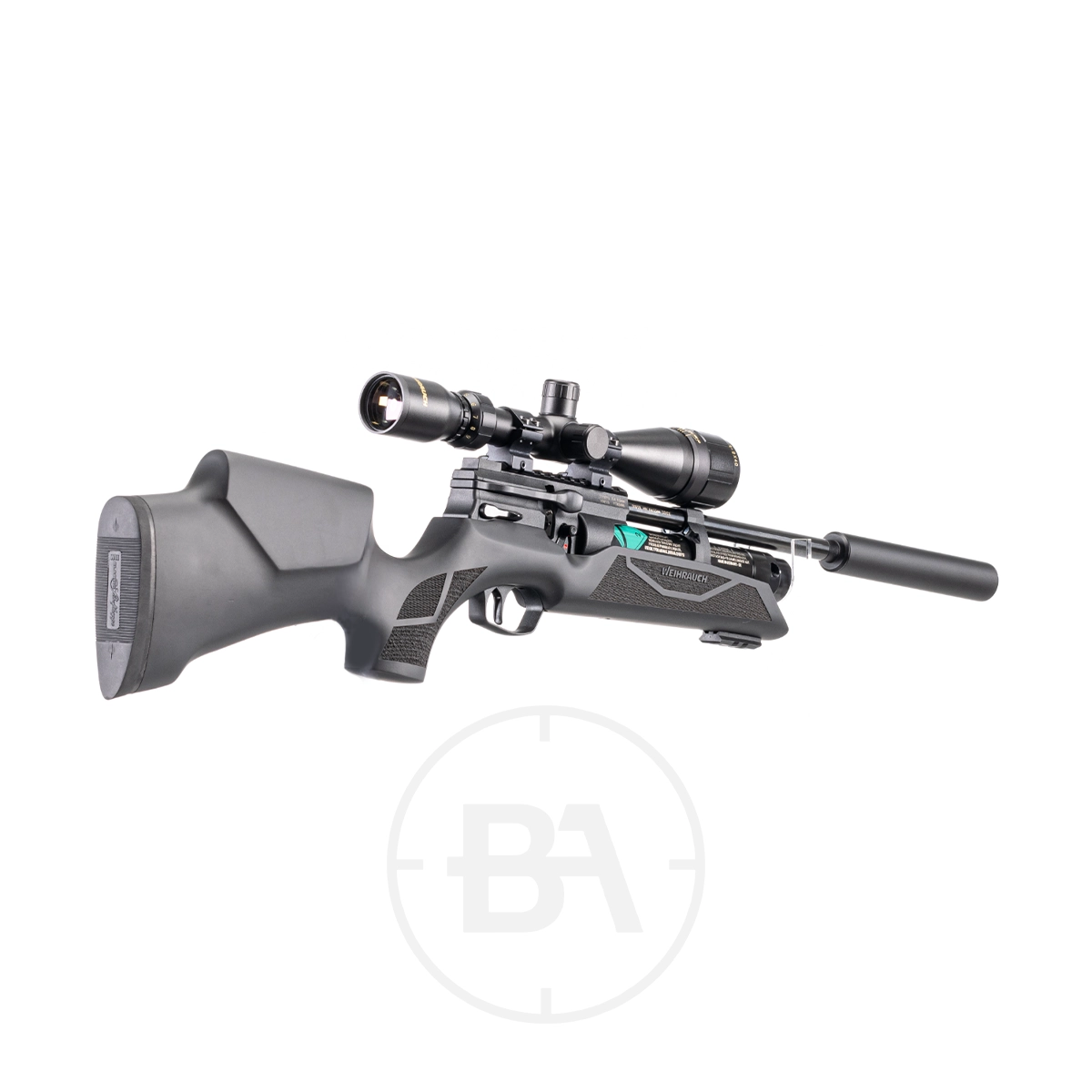 Weihrauch HW110 K PCP Air Rifle 5 The Weihrauch HW110 K PCP Air Rifle in sleek black, featuring a scope and silencer, is shown at a slight angle on a white background.