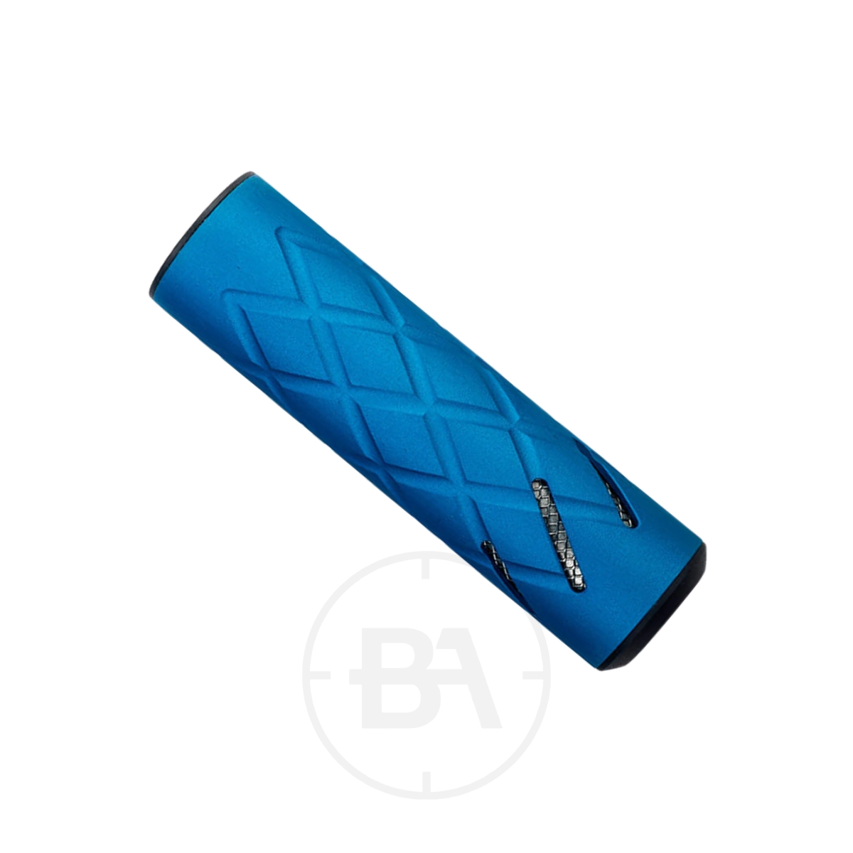 0dB 110mm 1/2" UNF Silencer 4 A blue cylindrical bike handlebar grip with a diamond pattern and black end caps, 110mm in length, photographed on a white background.