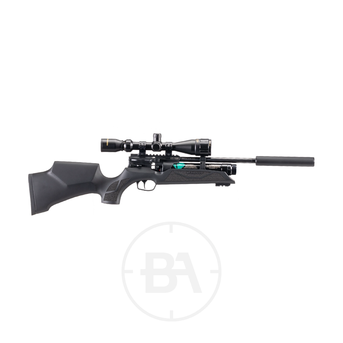 Weihrauch HW110 K PCP Air Rifle 1 The Weihrauch HW110 K PCP Air Rifle, featuring a black synthetic stock and modern design, is shown on a white background with a mounted scope and silencer.