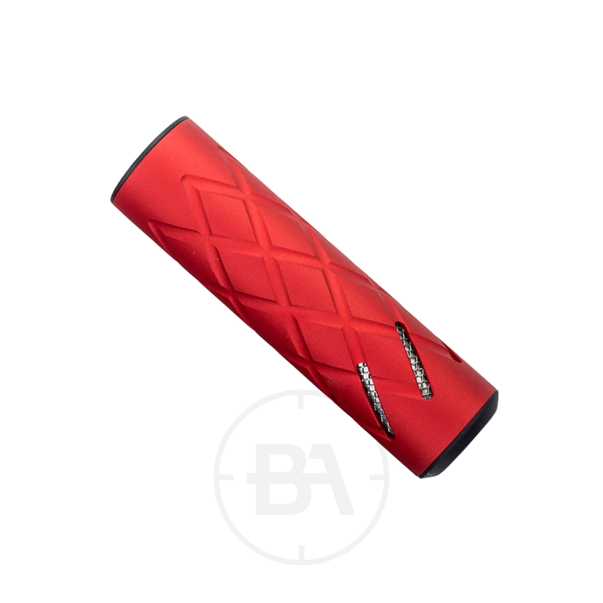 0dB 110mm 1/2" UNF Silencer 3 A red, cylindrical silencer with a diamond-patterned texture, 110mm in length and featuring two diagonal vents, is set against a white background.