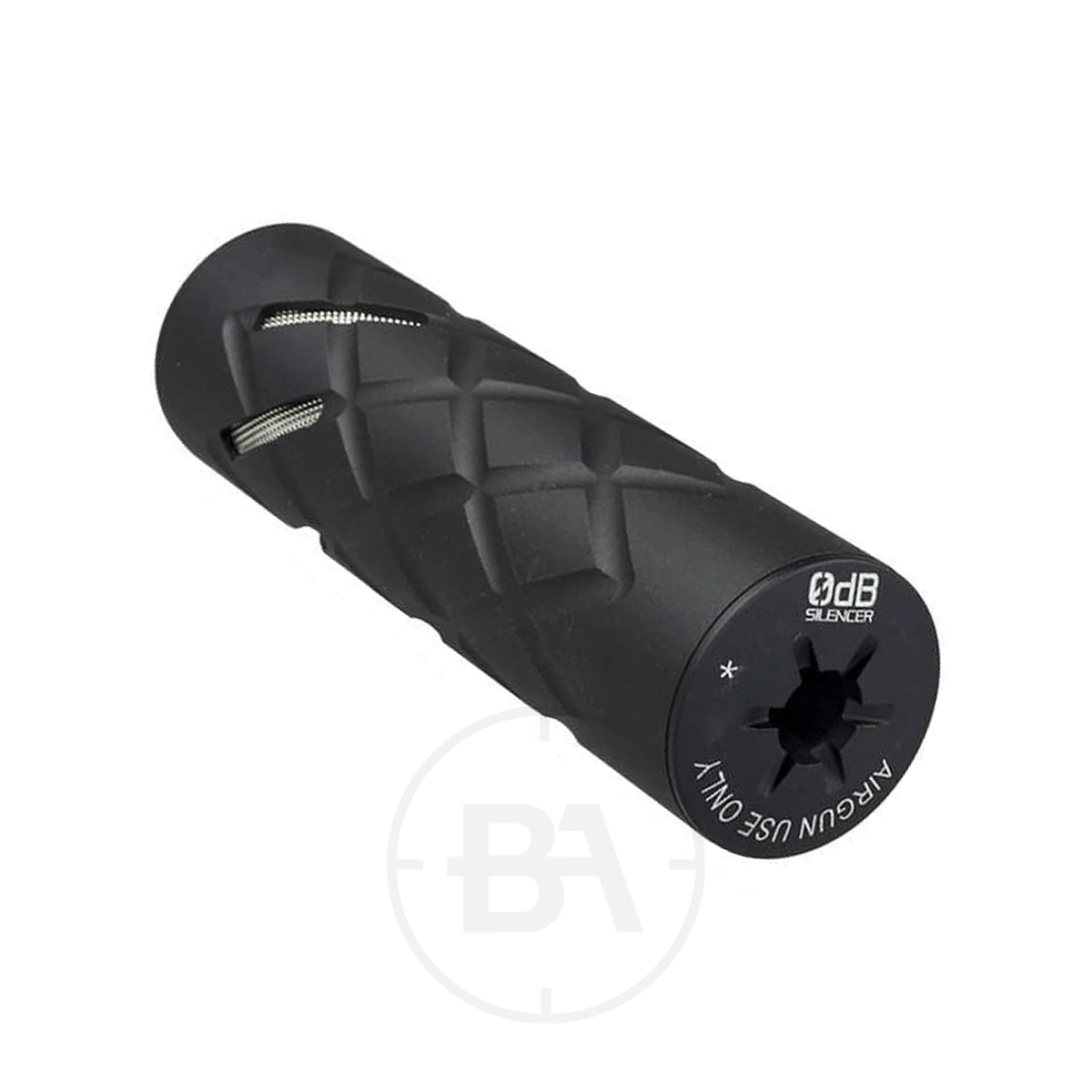0dB 110mm 1/2" UNF Silencer 1 A black silencer with a textured cylindrical surface and engraved text reading "dB SILENCER" and "AIRGUN USE ONLY" near the end, designed as a 1/2" UNF silencer for airgun use.