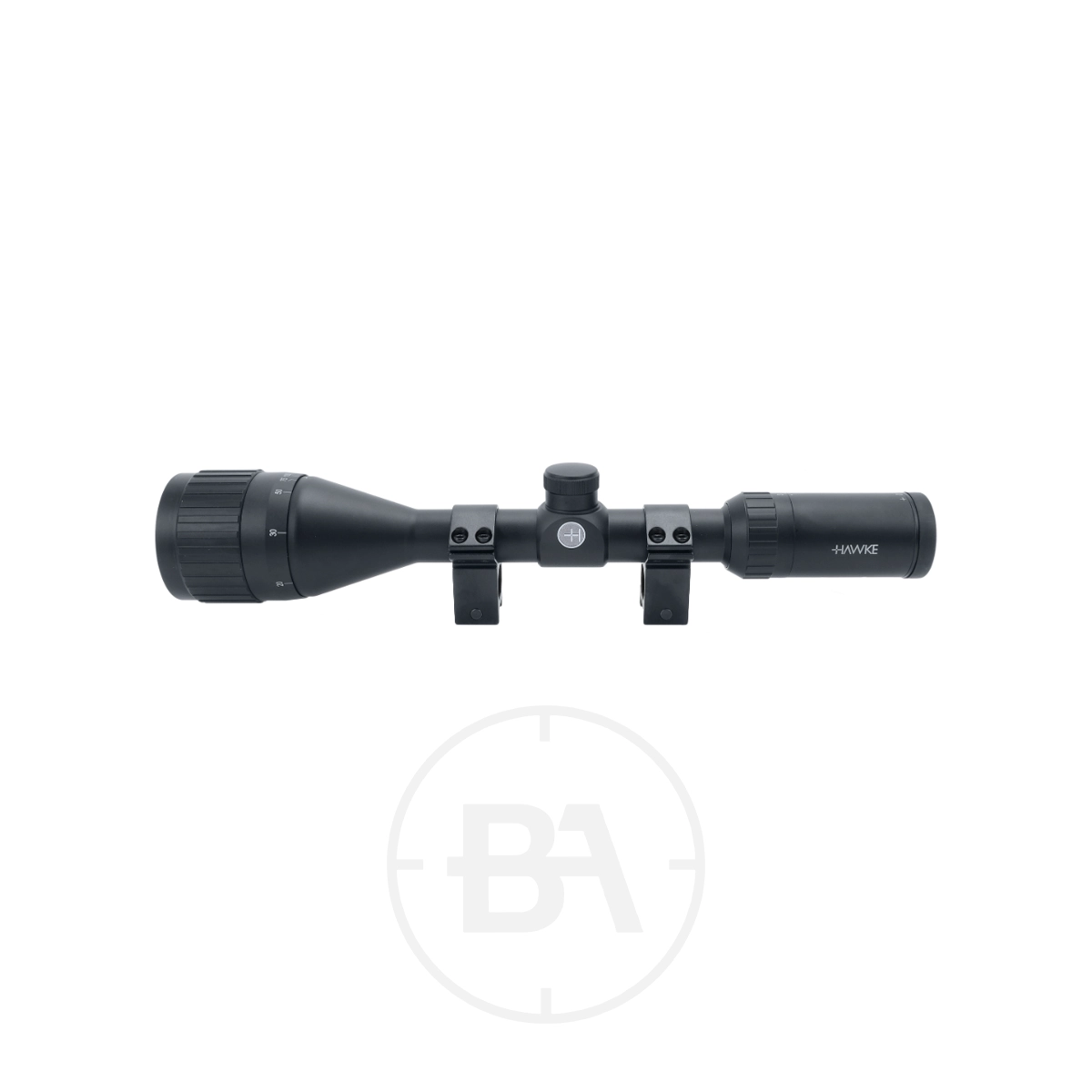 Hawke Fast Mount 3-9 x50 AO Mil Dot With Mounts 5 The Hawke Fast Mount 3-9x50 AO Mil Dot with Weaver mounts is a black rifle scope featuring adjustment knobs, shown horizontally on a white background.