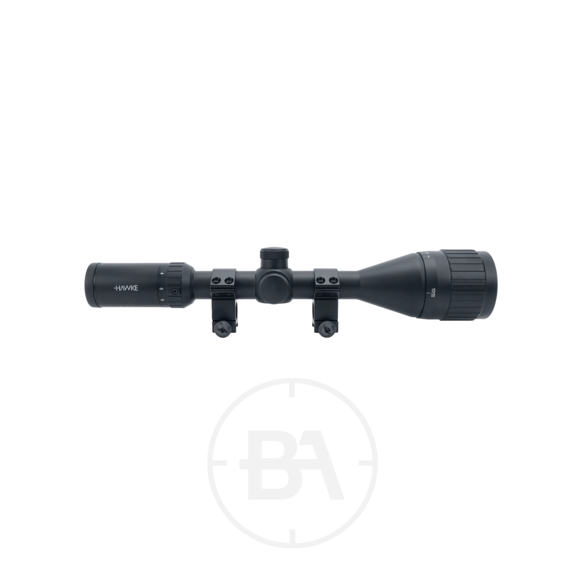 Hawke Fast Mount 3-9 x50 AO Mil Dot With Mounts 1 The Hawke Fast Mount 3-9x50 AO Mil Dot with Weaver Mounts is shown in side profile against a plain white background.