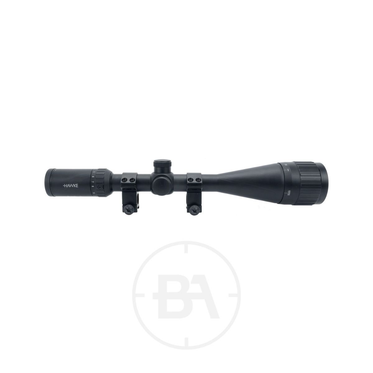 Hawke Fast Mount 4-16 x50 AO IR Mil Dot With Mounts 1 A side profile of the Hawke Fast Mount 4-16x50 AO IR Mil Dot scope with Weaver Mounts is shown against a white background.