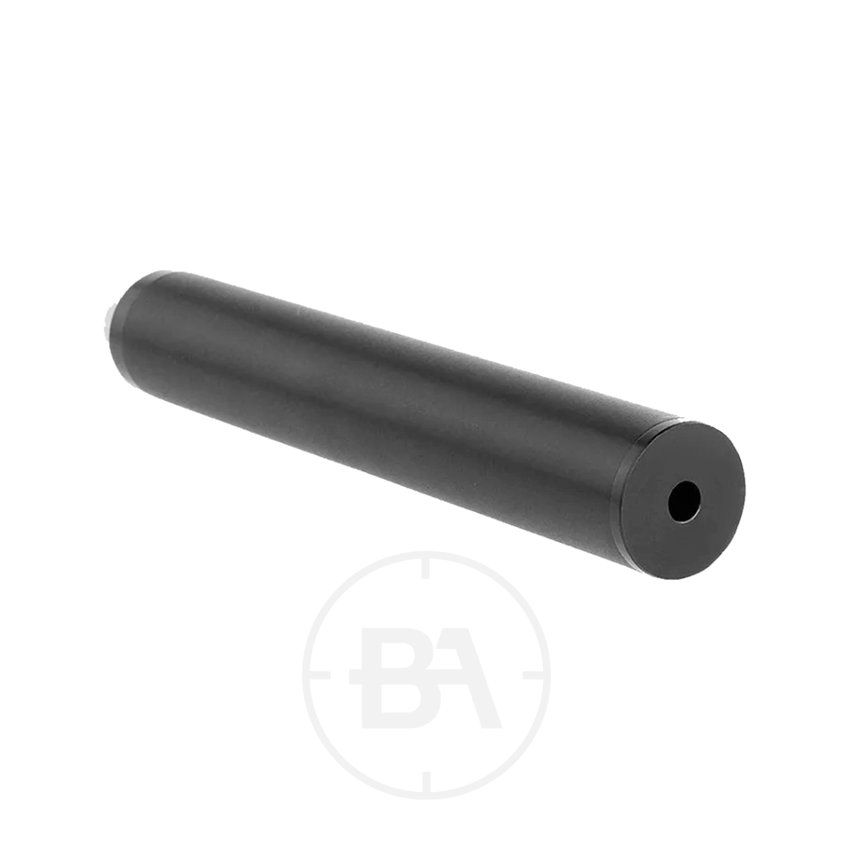 1/2" UNF Airgun Silencer 1 The 1/2" UNF Airgun Silencer is a cylindrical black metal suppressor with a threaded hole at one end, shown on a white background.