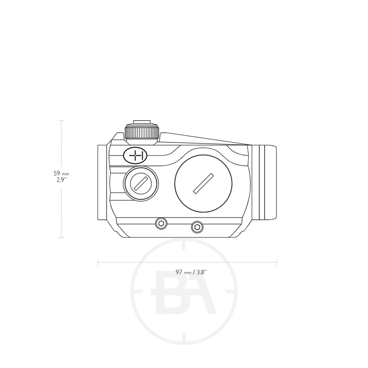 Hawke Vantage 1x30 Red Dot With Mounts 3 Technical line drawing of the Hawke Vantage Red Dot 1x30 With Picatinny/Weaver Mounts, showing its compact design (59 mm high, 97 mm wide), side buttons, adjustment dials, and Picatinny/Weaver mount compatibility.