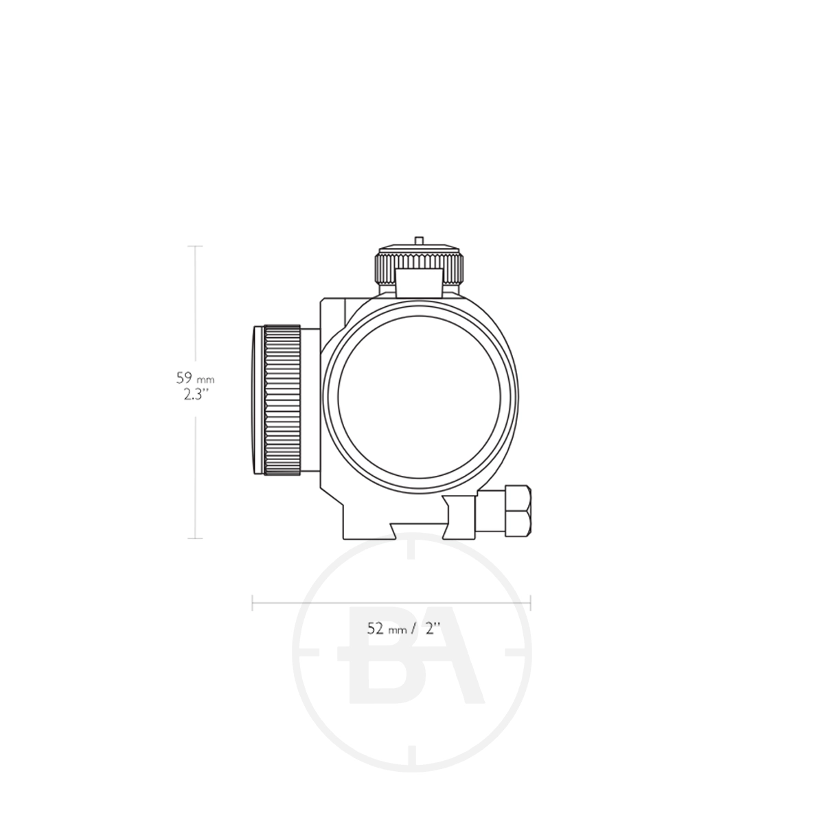 Hawke Vantage 1x30 Red Dot With Mounts 5 Technical line drawing of the Hawke Vantage Red Dot 1x30 With Picatinny / Weaver Mounts, showing adjustment knobs and dimensions: 59 mm (2.3") tall by 52 mm (2") wide.