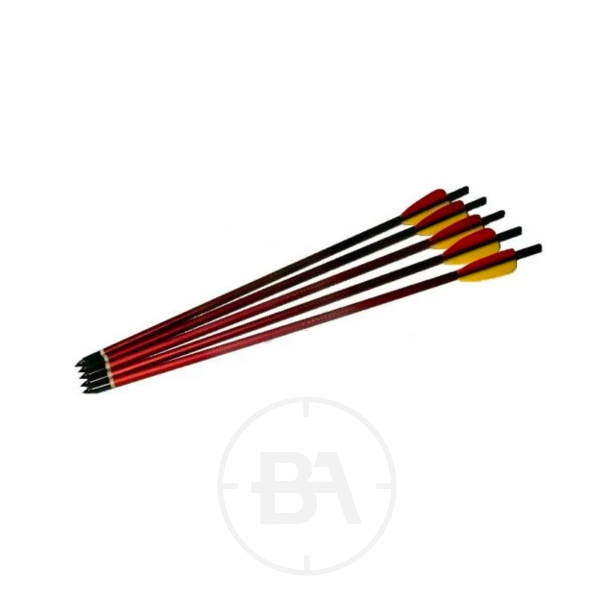 EK Archery 16" Aluminium Crossbow Bolts (x5) 1 Five 16" Aluminium Bolts, featuring red and black shafts with yellow and red fletching, are arranged side by side on a white background.