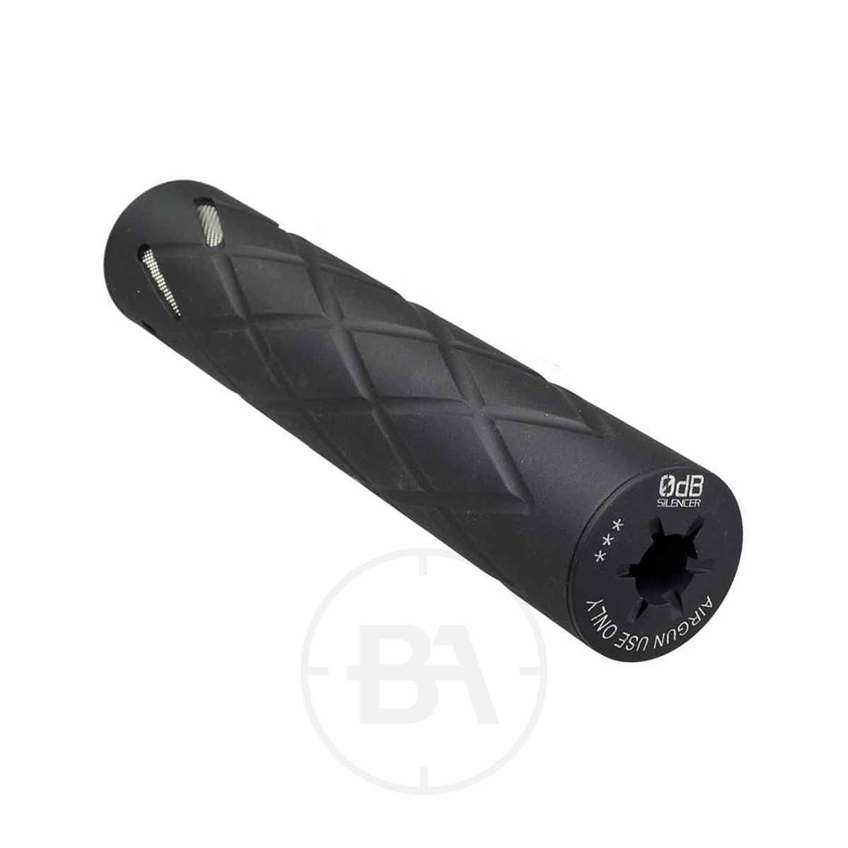 0dB 160mm 1/2" UNF Silencer 1 A black 0dB 160mm 1/2" UNF silencer with a diamond-textured finish and labeled engravings on one end, displayed on a white background.