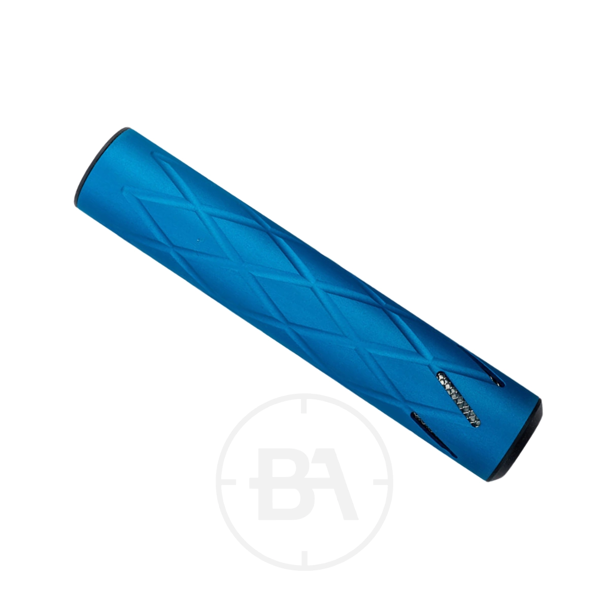 0dB 160mm 1/2" UNF Silencer 6 Blue cylindrical grip with a diamond-pattern texture, rounded ends, and black accents resembles a 160mm silencer design, displayed on a white background.