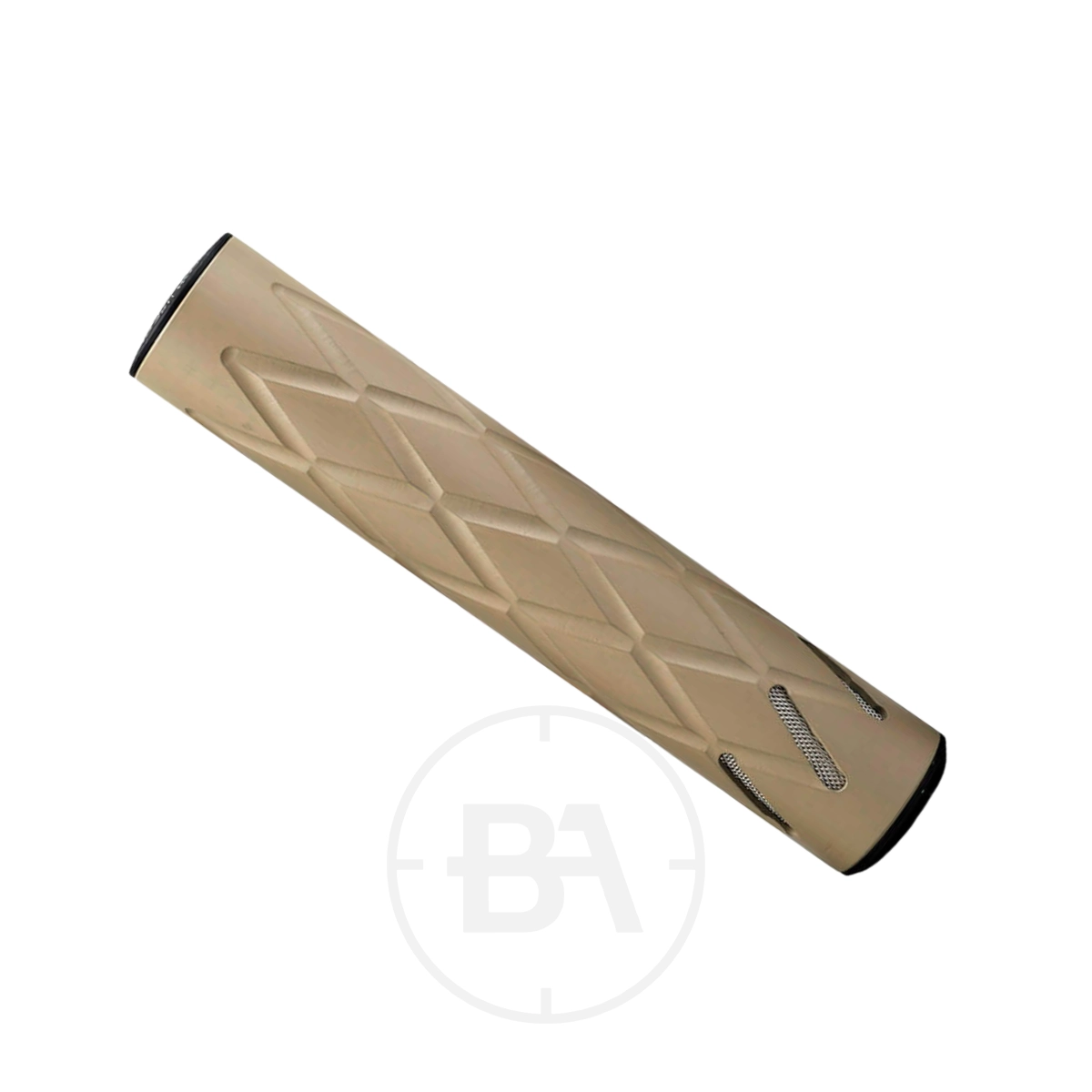 0dB 160mm 1/2" UNF Silencer 5 Tan cylindrical silencer with a diamond-patterned textured surface, Cerakote finish, and mesh accents on the side, positioned diagonally on a white background.