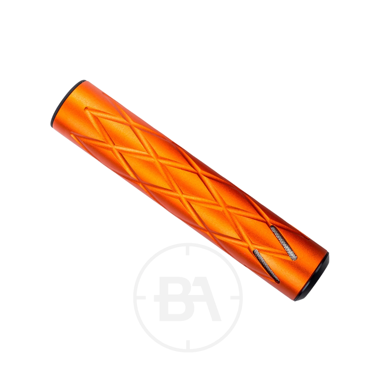 0dB 160mm 1/2" UNF Silencer 4 An orange cylindrical silencer with a diamond pattern texture, black ends, and two small silver grooves near one end, measuring 160mm with a UNF thread, shown on a white background.