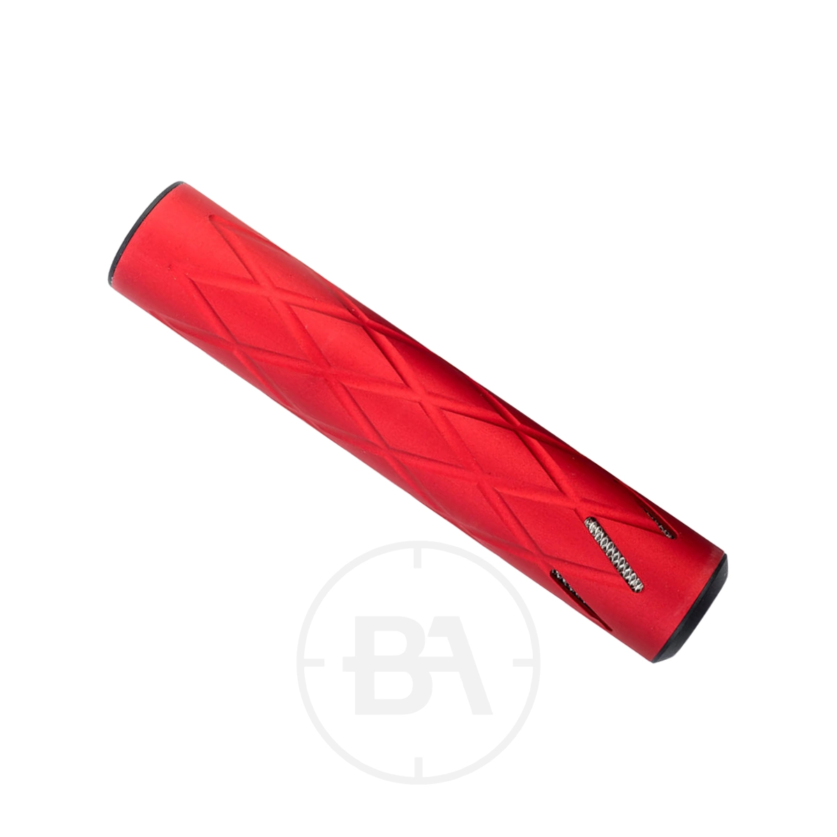 0dB 160mm 1/2" UNF Silencer 3 A red cylindrical golf club grip with a diamond pattern and black accents on both ends, inspired by the sleek design of a 160mm silencer, shown on a white background.