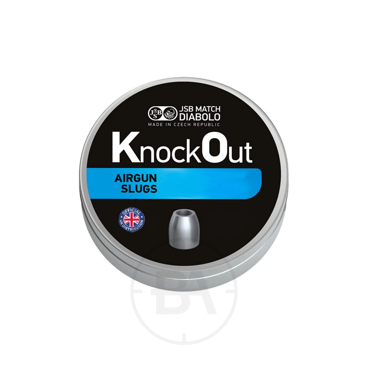 JSB Knock Out MKII .177 Airgun Slug 10.0gr 5.49mm (x500) 1 A round tin labelled "JSB Knock Out .177 Airgun Slugs 10.0gr 4.51mm (x500)" features a grey slug image and a British flag in the bottom left corner.