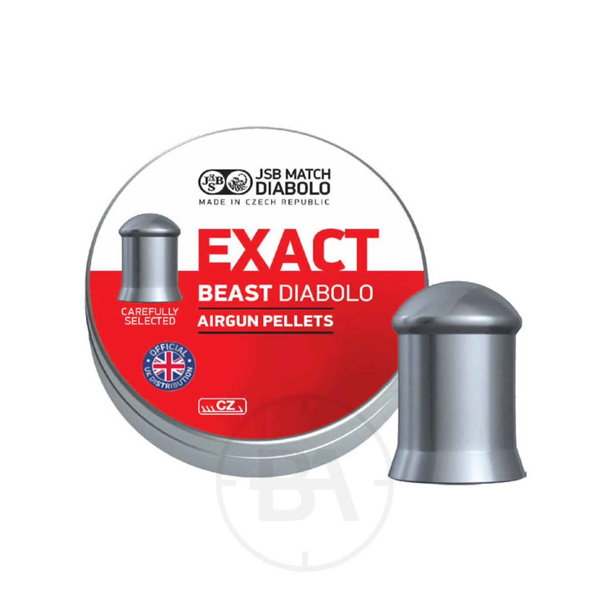 JSB Exact Beast Diabolo .177 Pellet 16.2gr 4.52mm (x250) 1 A tin of JSB Exact Beast Diabolo .177 Pellet 16.2gr 4.52mm (x250) with a red and white label sits beside a single pellet, displaying the JSB branding and key product details.