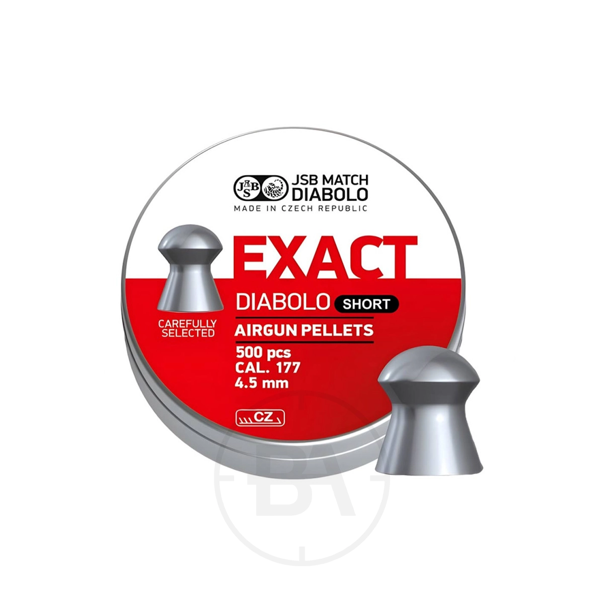 JSB Exact Diabolo Short .177 Pellet 8.44gr 4.52mm (x500) 1 A round tin of JSB Exact Diabolo Short .177 Pellet 8.44gr 4.52mm (x500), made in the Czech Republic, with red and white branding and one grey pellet displayed in front.
