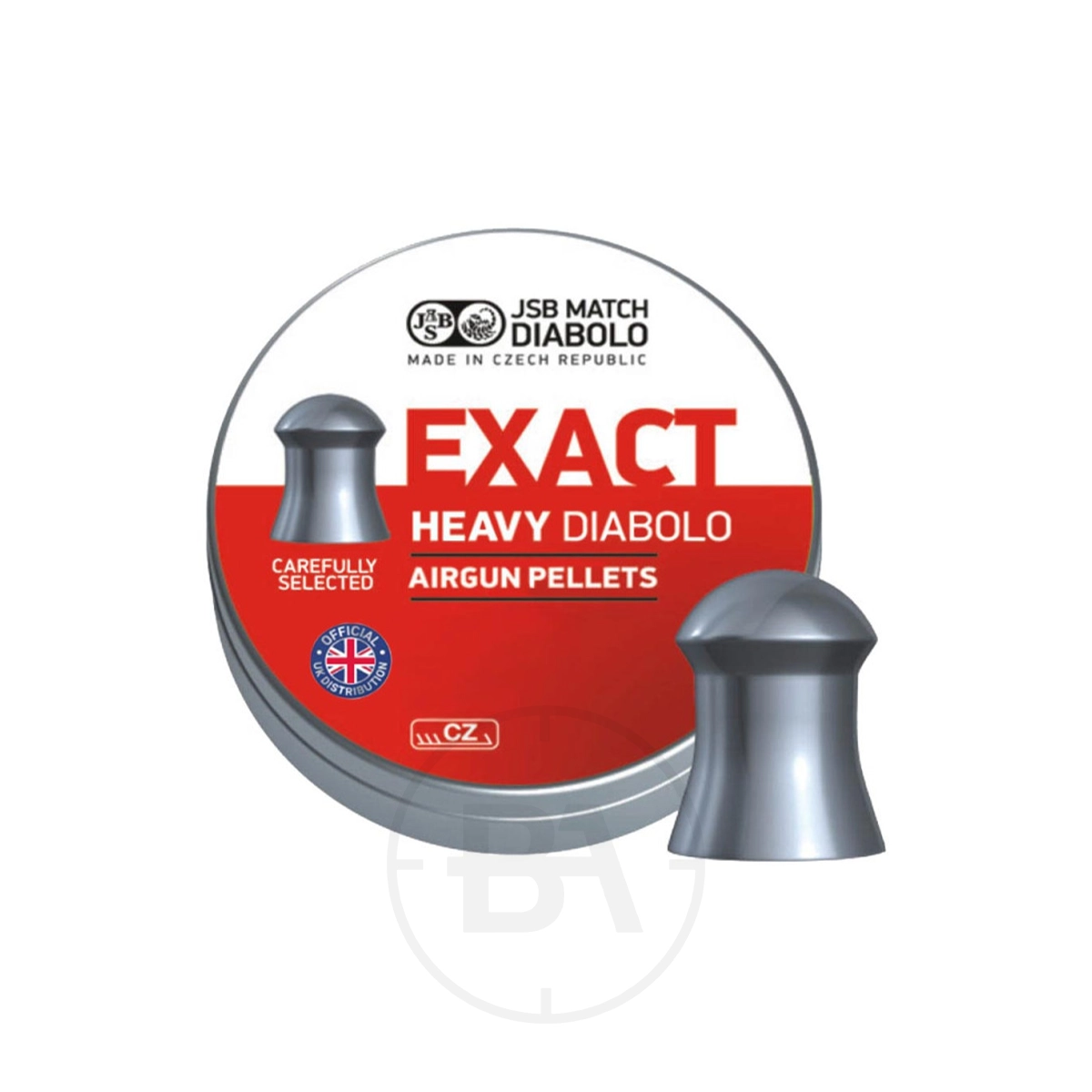 JSB Exact Diabolo Heavy .177 Pellet 10.3gr 4.52mm (x500) 1 A tin of JSB Exact Diabolo Heavy .177 Pellet 10.3gr 4.52mm (x500) with a red and white label, showing a pellet image and text noting they are carefully selected and made in the Czech Republic.