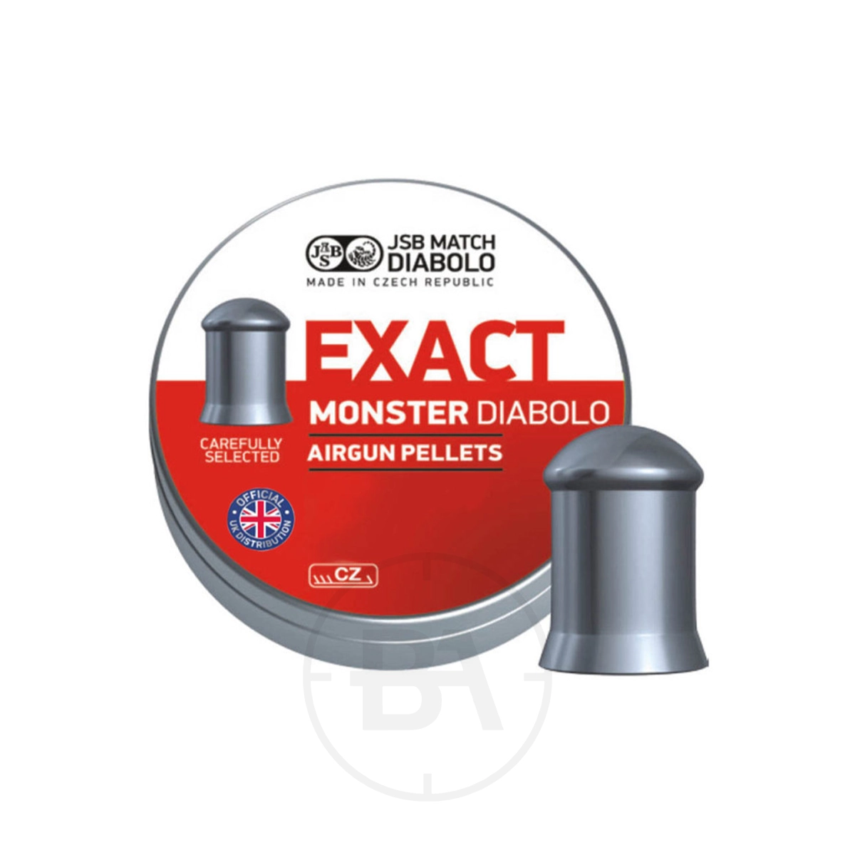 JSB Exact Monster Diabolo .177 Pellet 13.4gr 4.52mm (x400) 1 A tin labelled "JSB Exact Monster Diabolo .177 Pellet 13.4gr 4.52mm (x400)" with a close-up of a single pellet beside it. The silver, red, and white packaging shows the weight, UK flag icon, and product details.