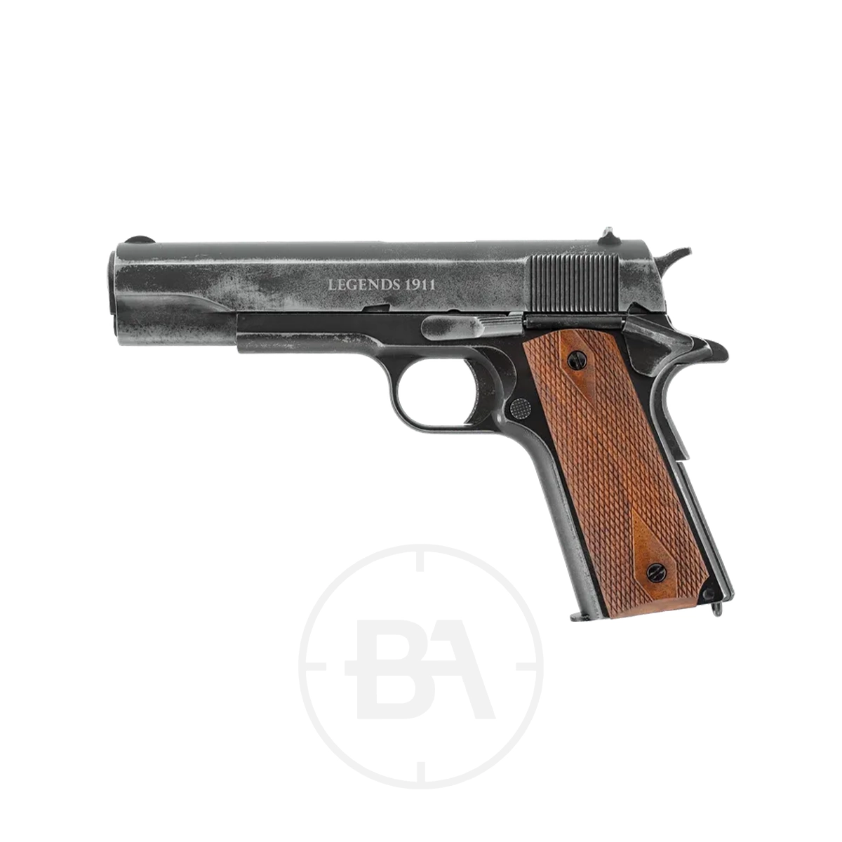 Umarex Legends 1911 Vintage CO2 BB Pistol 1 The Umarex Legends 1911 Vintage CO2 BB Pistol, featuring black and silver finishes with brown textured grips and "LEGENDS 1911" on the slide, is shown against a plain white background, highlighting its classic vintage styling.