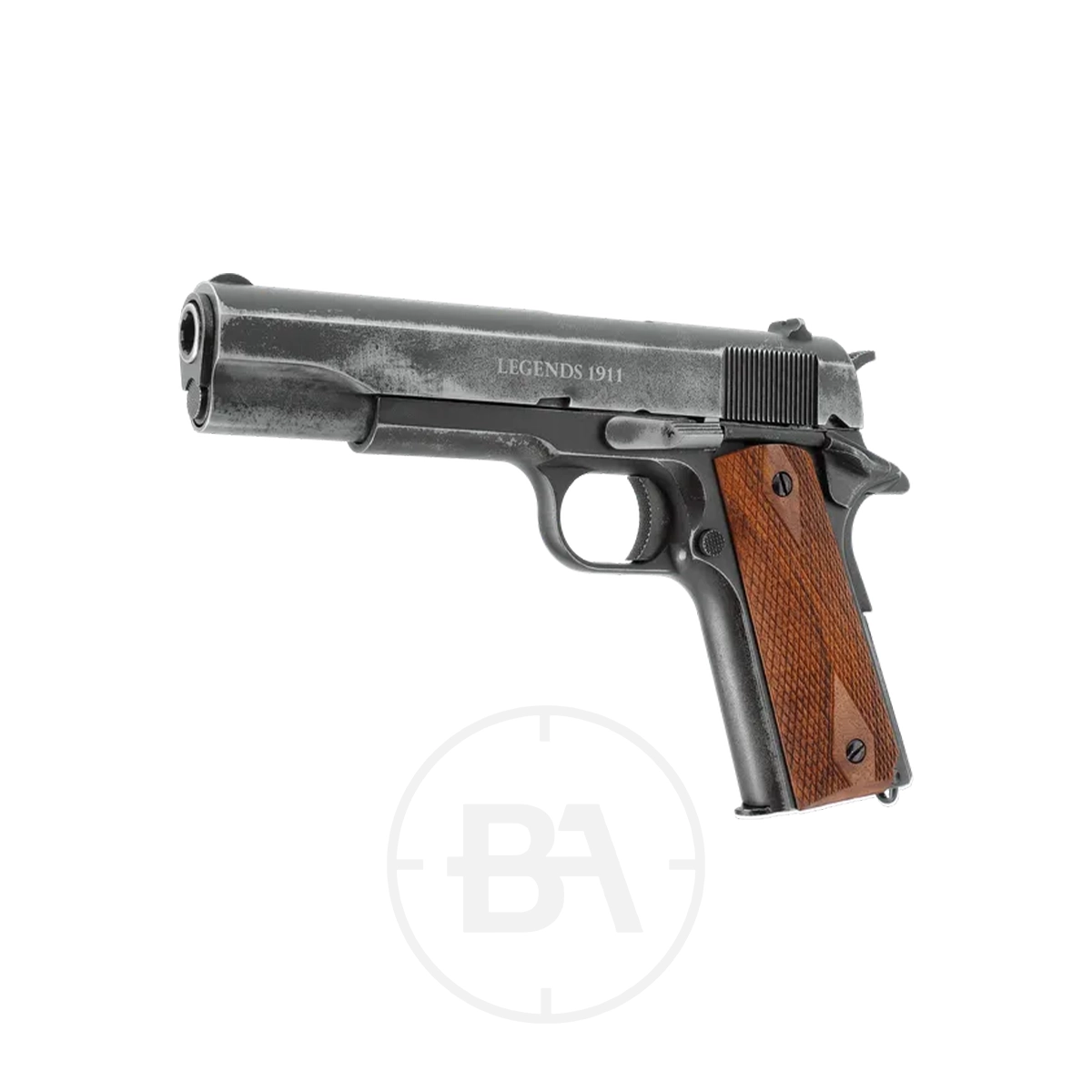 Umarex Legends 1911 Vintage CO2 BB Pistol 2 A black and silver Umarex Legends 1911 Vintage CO2 BB Pistol with a brown textured grip, angled left. "LEGENDS 1911" is engraved on the barrel, emphasising its vintage look against a plain white background.