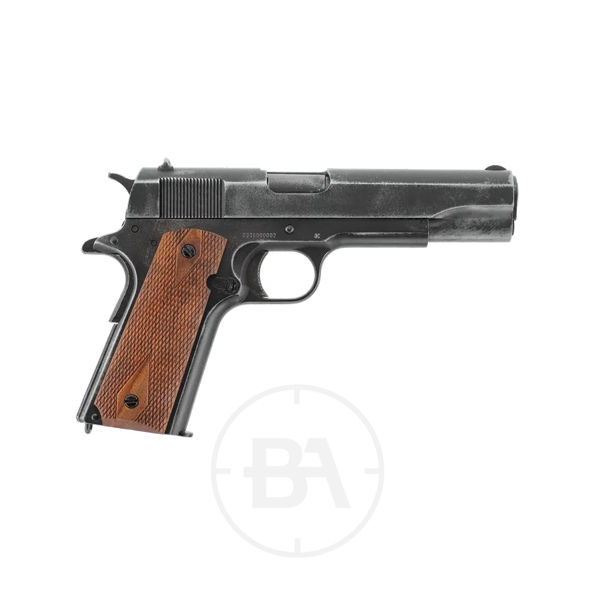 Umarex Legends 1911 Vintage CO2 BB Pistol 3 The Umarex Legends 1911 Vintage CO2 BB Pistol is shown from the side, featuring a black semi-automatic design and brown textured grip against a white background.