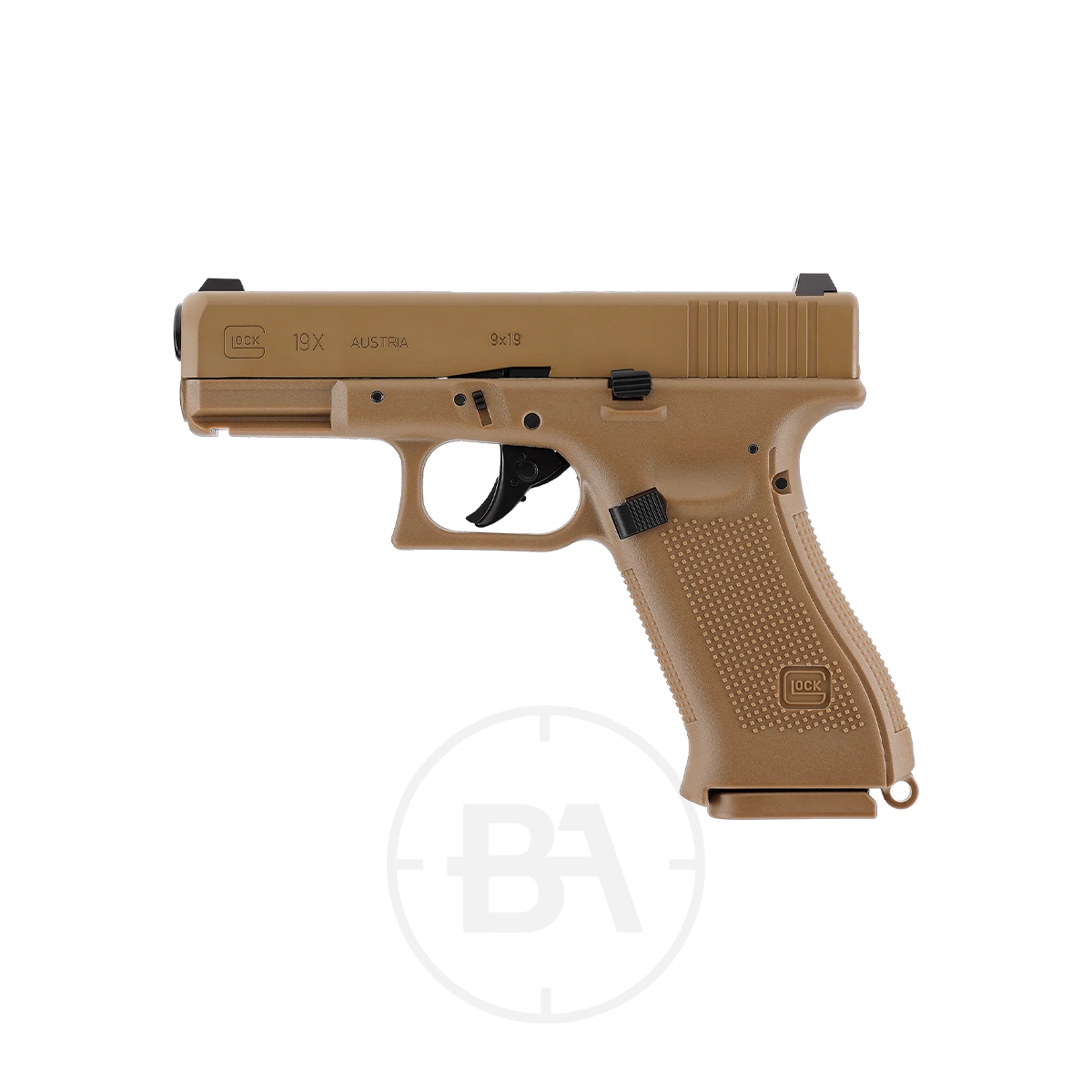 Glock 19X CO2 BB Pistol 1 Glock 19X CO2 BB Pistol, semi-automatic, displayed in side profile against a white background.