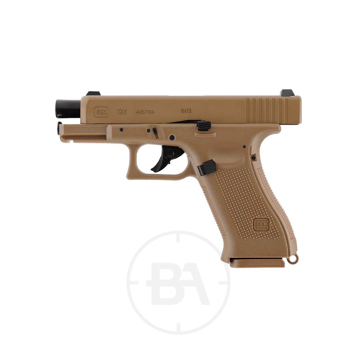 Glock 19X CO2 BB Pistol 3 A Glock 19X CO2 BB Pistol in tan with a threaded barrel is displayed in side profile against a white background.