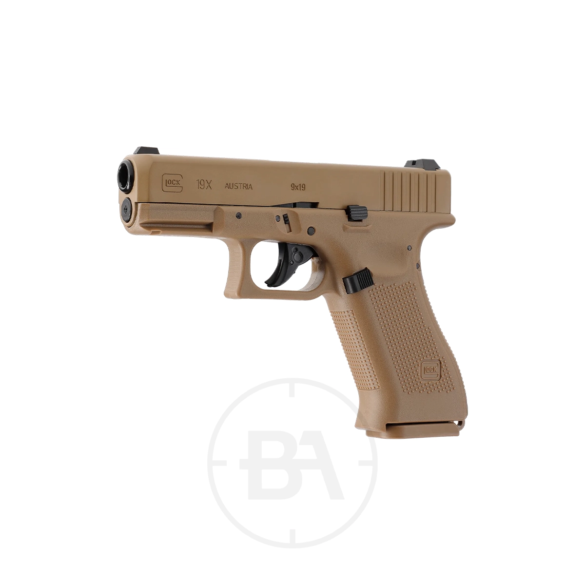 Glock 19X CO2 BB Pistol 5 The Glock 19X CO2 BB Pistol is shown on a white background, positioned to highlight the left side and barrel.