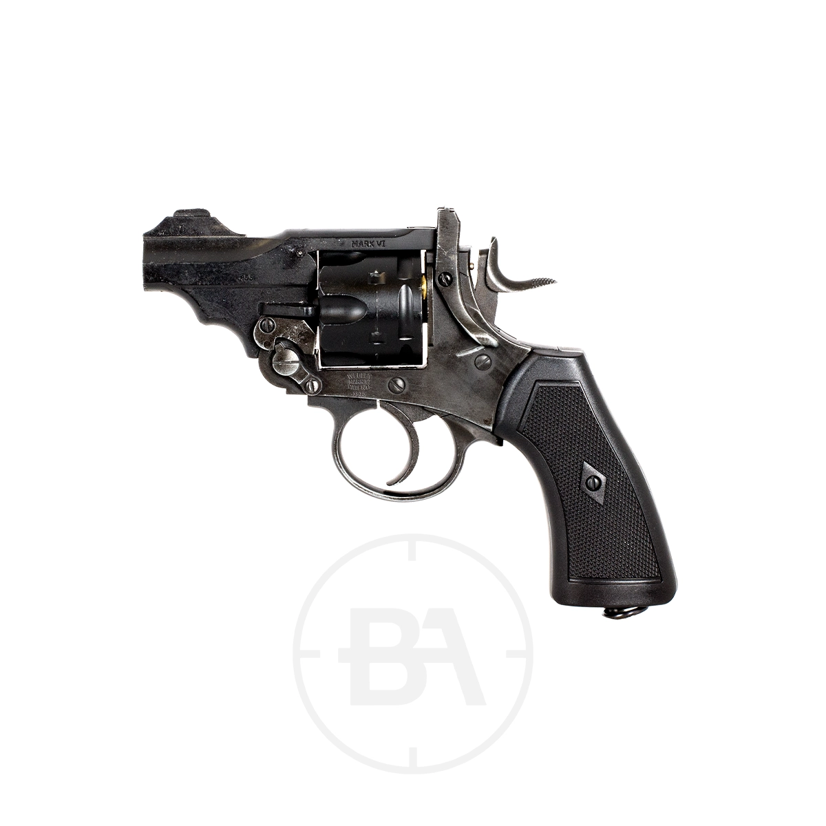 Webley MKVI 2.5" Civilian Service Revolver CO2 Pistol 3 A black Webley MKVI revolver with a broken top frame reveals its internal cylinder mechanisms and features a black textured grip, all showcased against a white background.