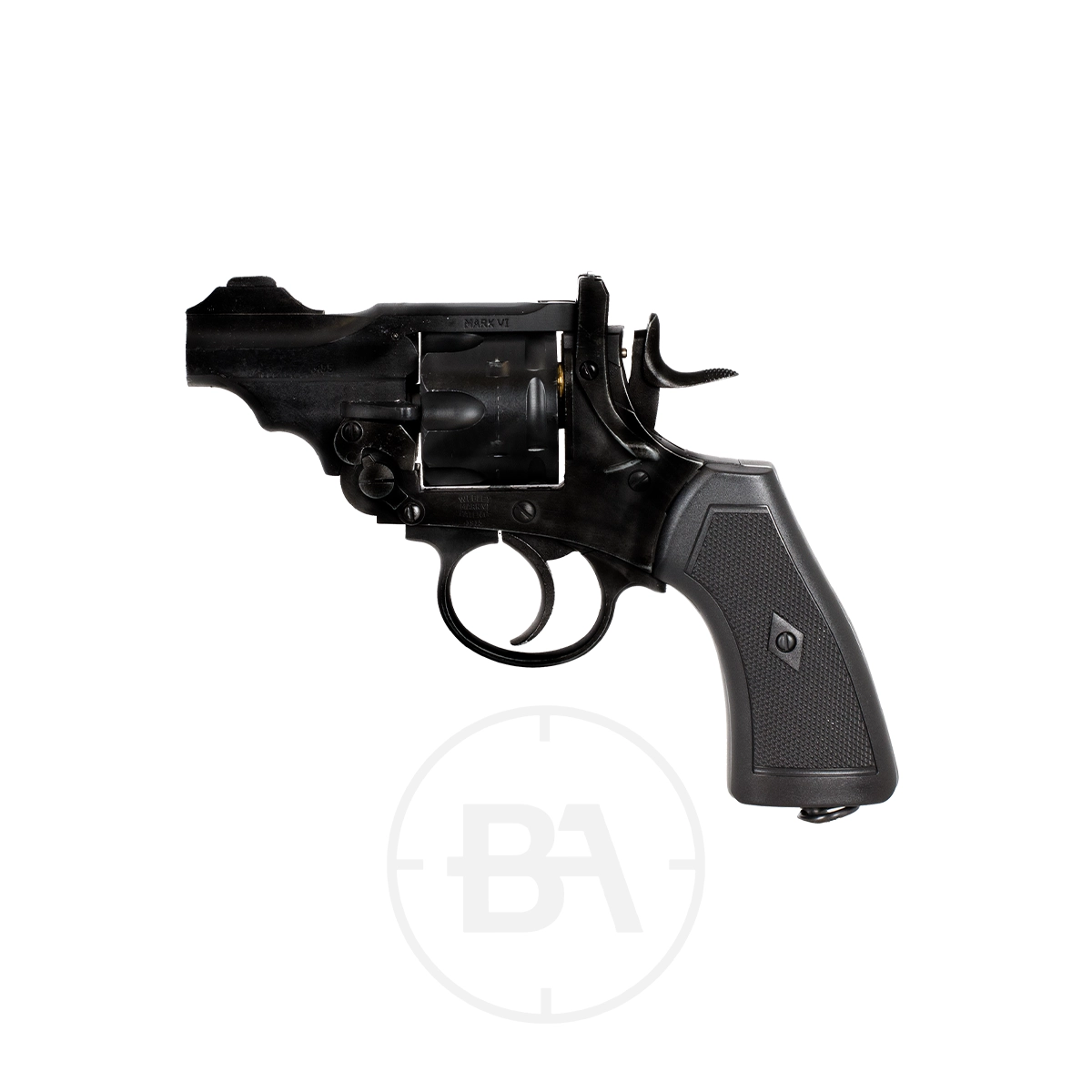 Webley MKVI 2.5" Civilian Service Revolver CO2 Pistol 1 The Webley MKVI 2.5" Civilian Service Revolver CO2 Pistol in black, featuring a short barrel and textured grip, is displayed on a white background.