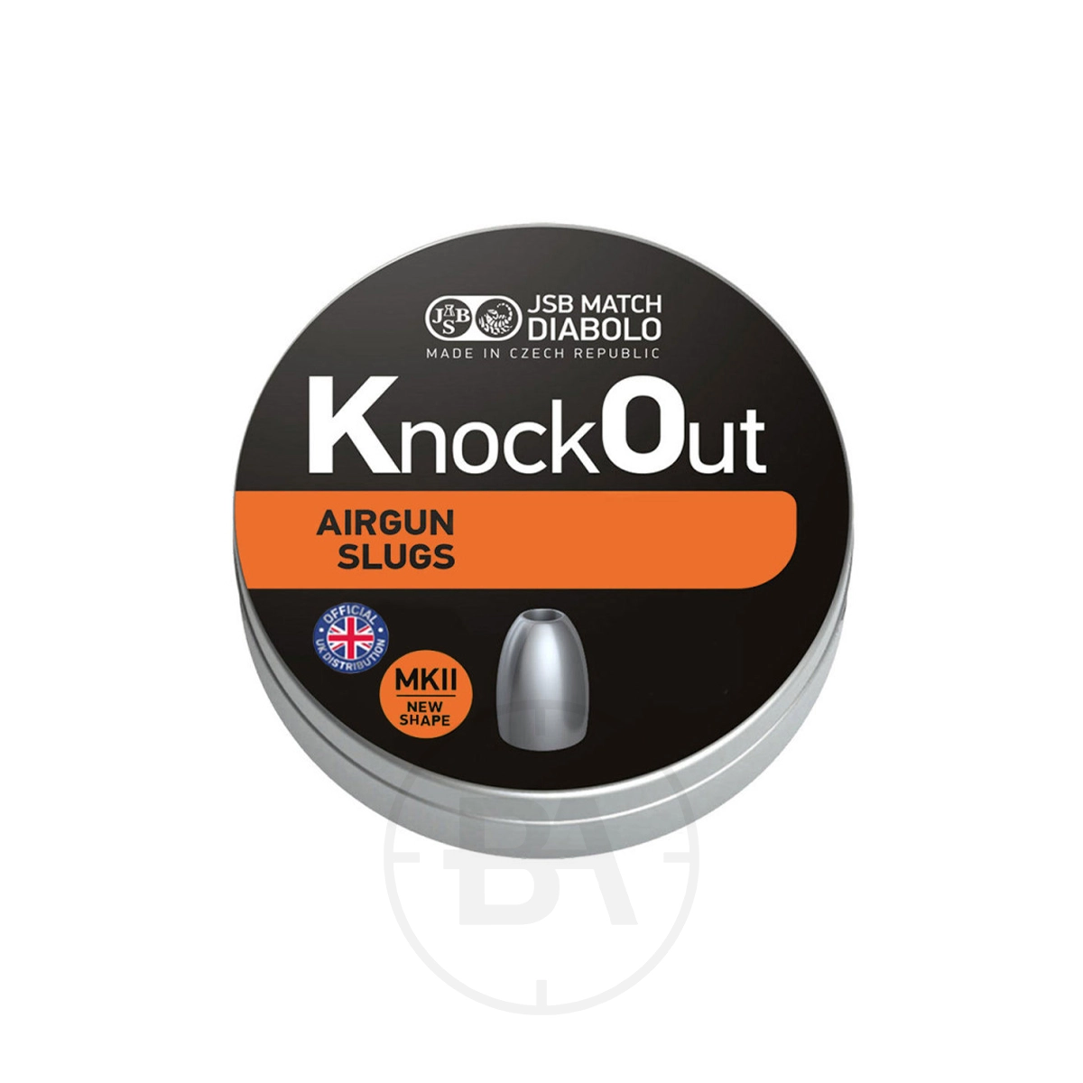 JSB Knock Out .216 MKII .22 Airgun Slug 25.3gr 5.49mm (x200) 1 A round tin labelled "JSB Knock Out .216 MKII .22 Airgun Slug 25.3gr 5.49mm (x200)" shows a silver bullet image, black and orange design, JSB Match Diabolo branding, and is made in the Czech Republic.