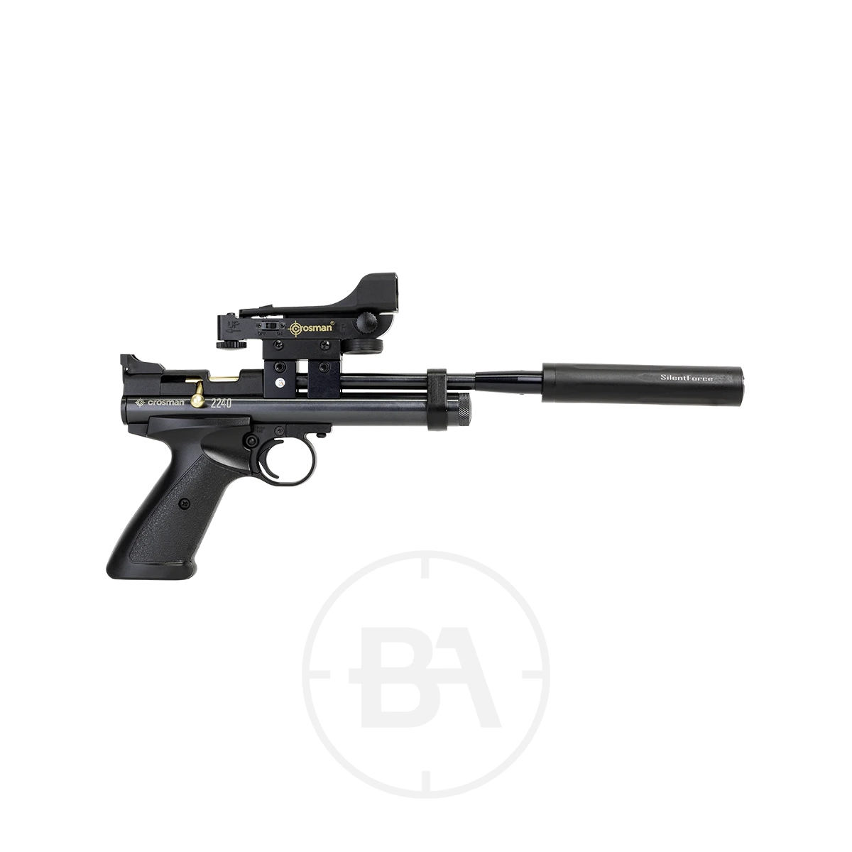 Crosman Ratbuster 2240 Pro CO2 Air Pistol Kit 2 The Crosman Ratbuster 2240 Pro CO2 Air Pistol Kit, in black with an optical sight and long silencer, is displayed on a white background with a faint circular logo beneath it.