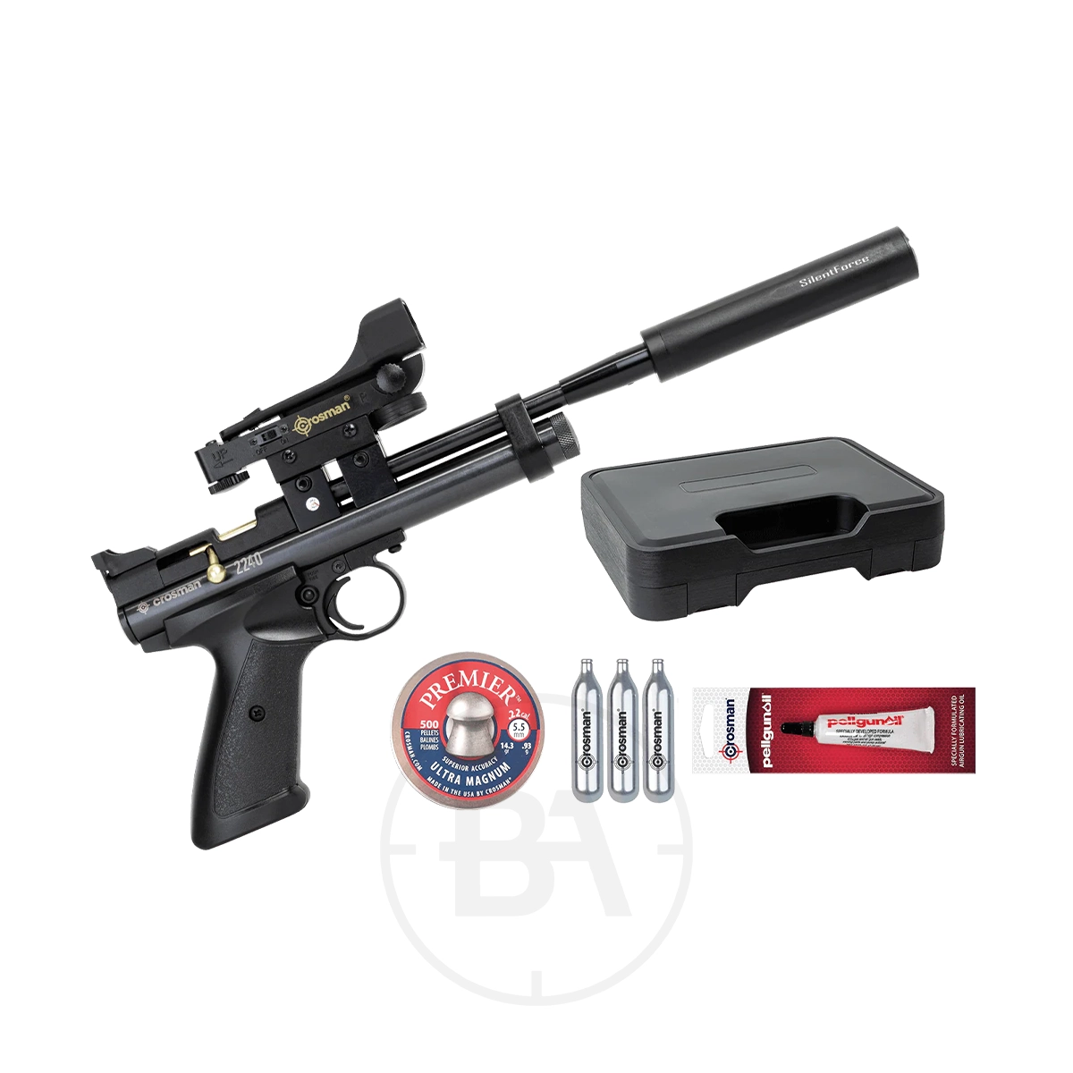 Crosman Ratbuster 2240 Pro CO2 Air Pistol Kit 1 The Crosman Ratbuster 2240 Pro CO2 Air Pistol Kit in black includes a mounted sight, silencer, carrying case, pellet tin, three CO2 cartridges, and a red cleaning cloth.