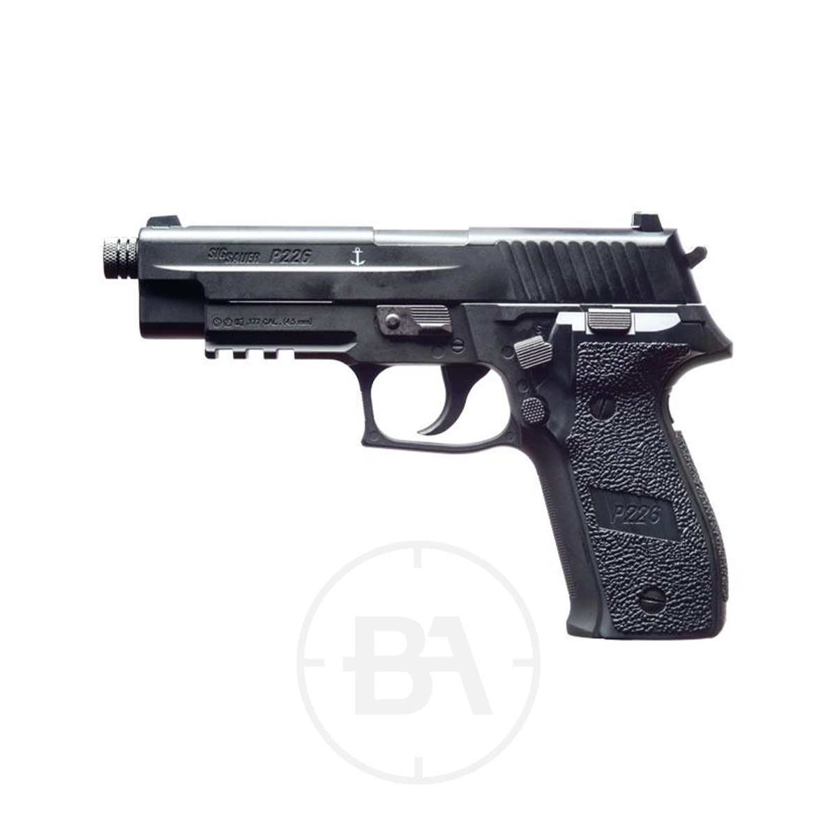 Sig Sauer P226 CO2 Pistol 1 The Sig Sauer P226 CO2 Pistol in black with a threaded barrel is shown in profile against a white background.