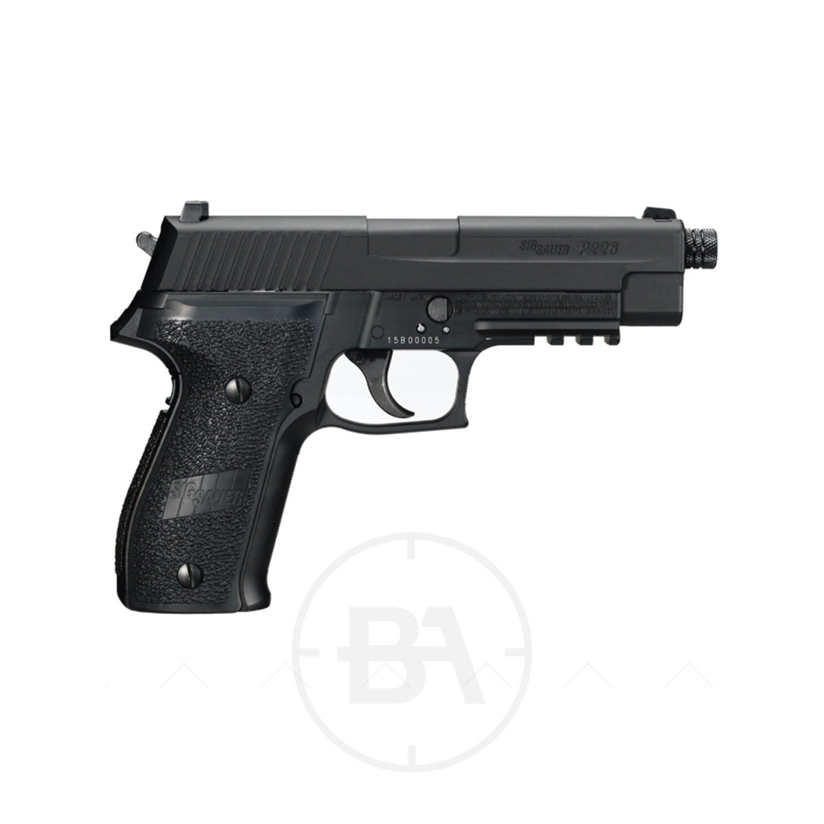 Sig Sauer P226 CO2 Pistol 3 The Sig Sauer P226 CO2 Pistol is shown from the side, highlighting its textured grip and the accessory rail positioned beneath the barrel.