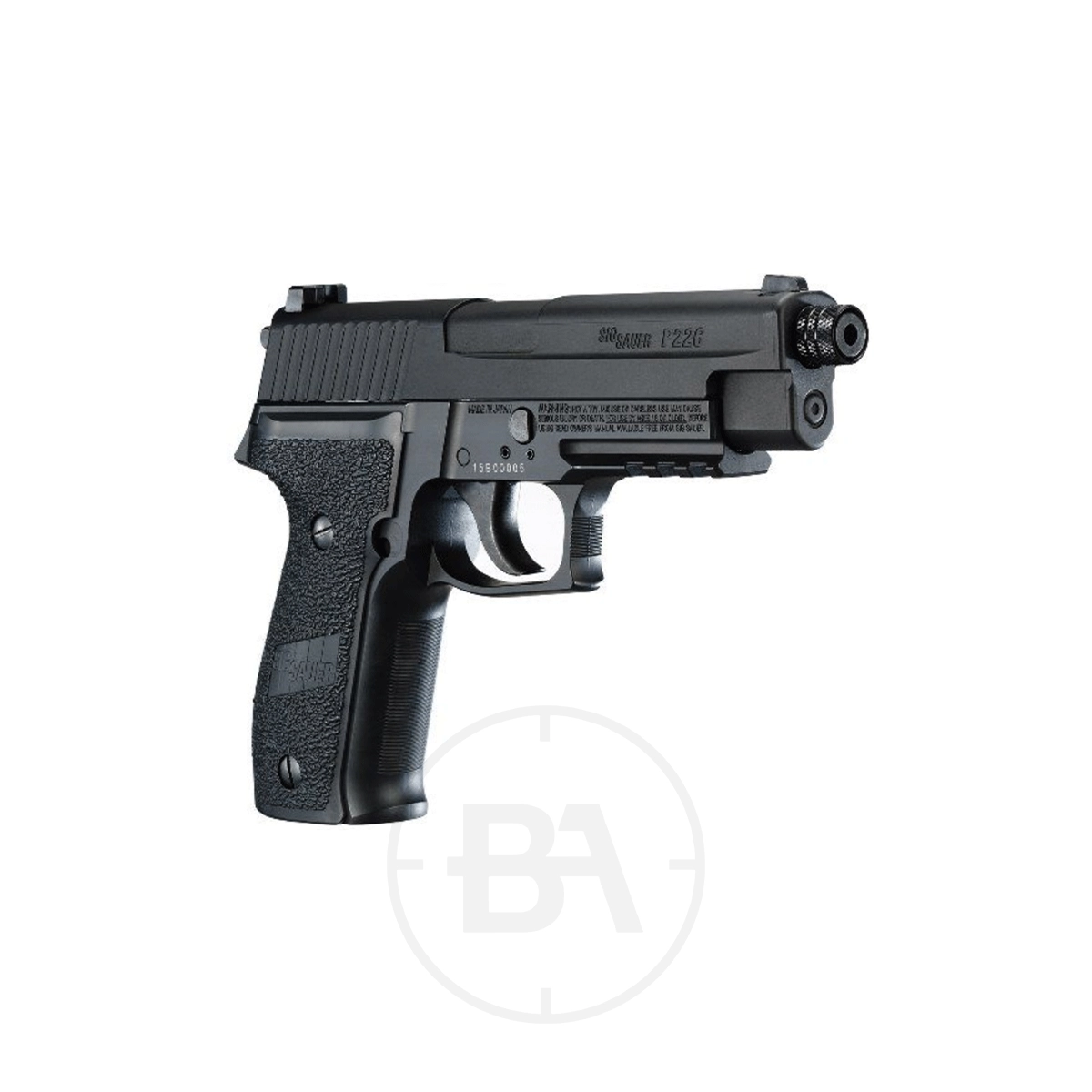 Sig Sauer P226 CO2 Pistol 7 The Sig Sauer P226 CO2 Pistol is shown in black with a textured grip and threaded barrel, displayed from the left side against a white background.