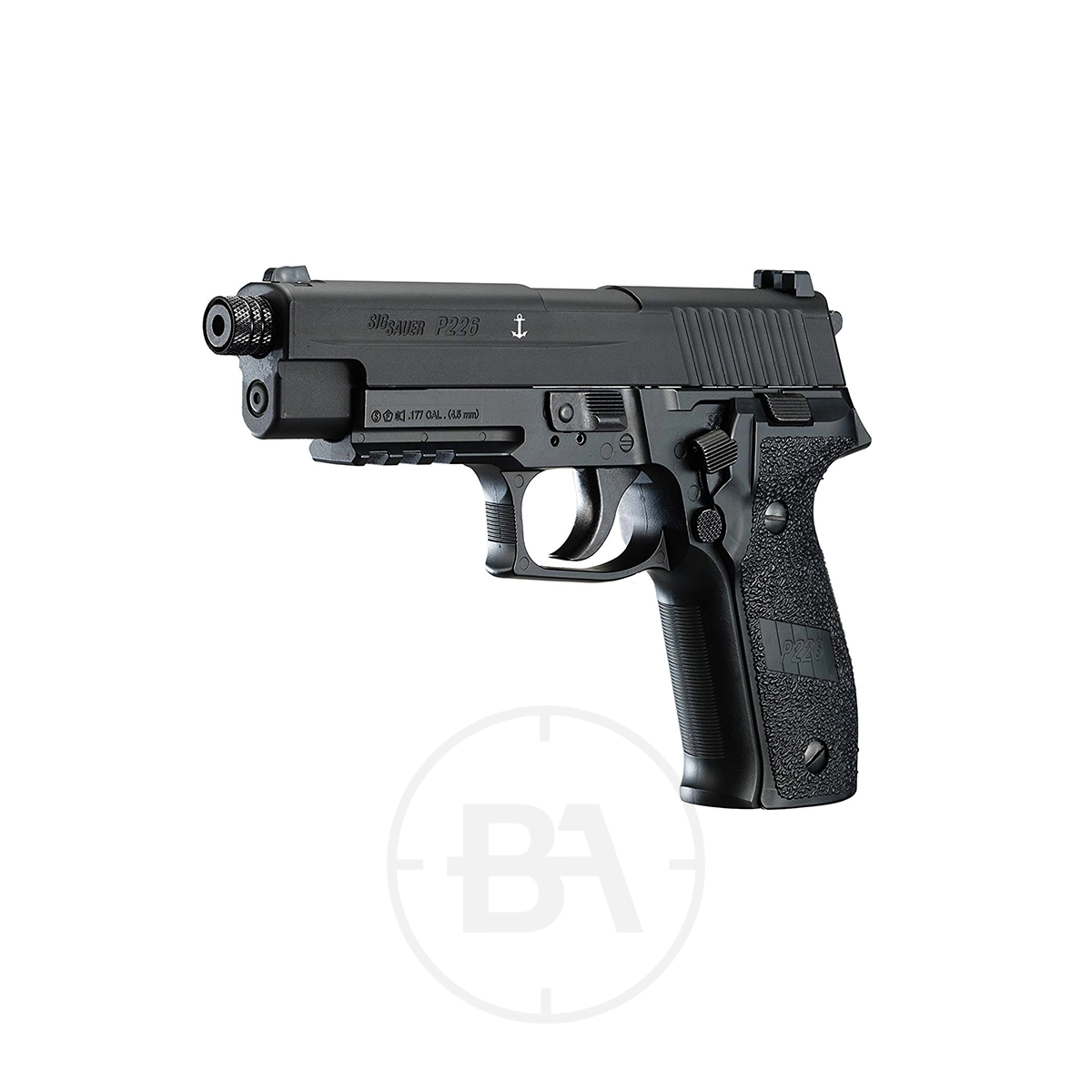 Sig Sauer P226 CO2 Pistol 5 The Sig Sauer P226 CO2 Pistol is a black, semi-automatic airgun with a textured grip, visible trigger, and accessory rail, shown on a white background.